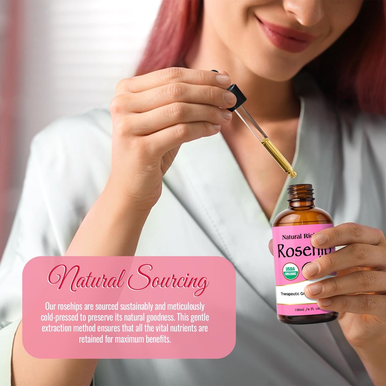 Natural Riches Organic Rosehip Seed Oil for Face 100% Pure Natural Cold Pressed Unrefined Non-GMO Carrier Oil for Skin Hair & Nails. 4 fl oz. - Image 6