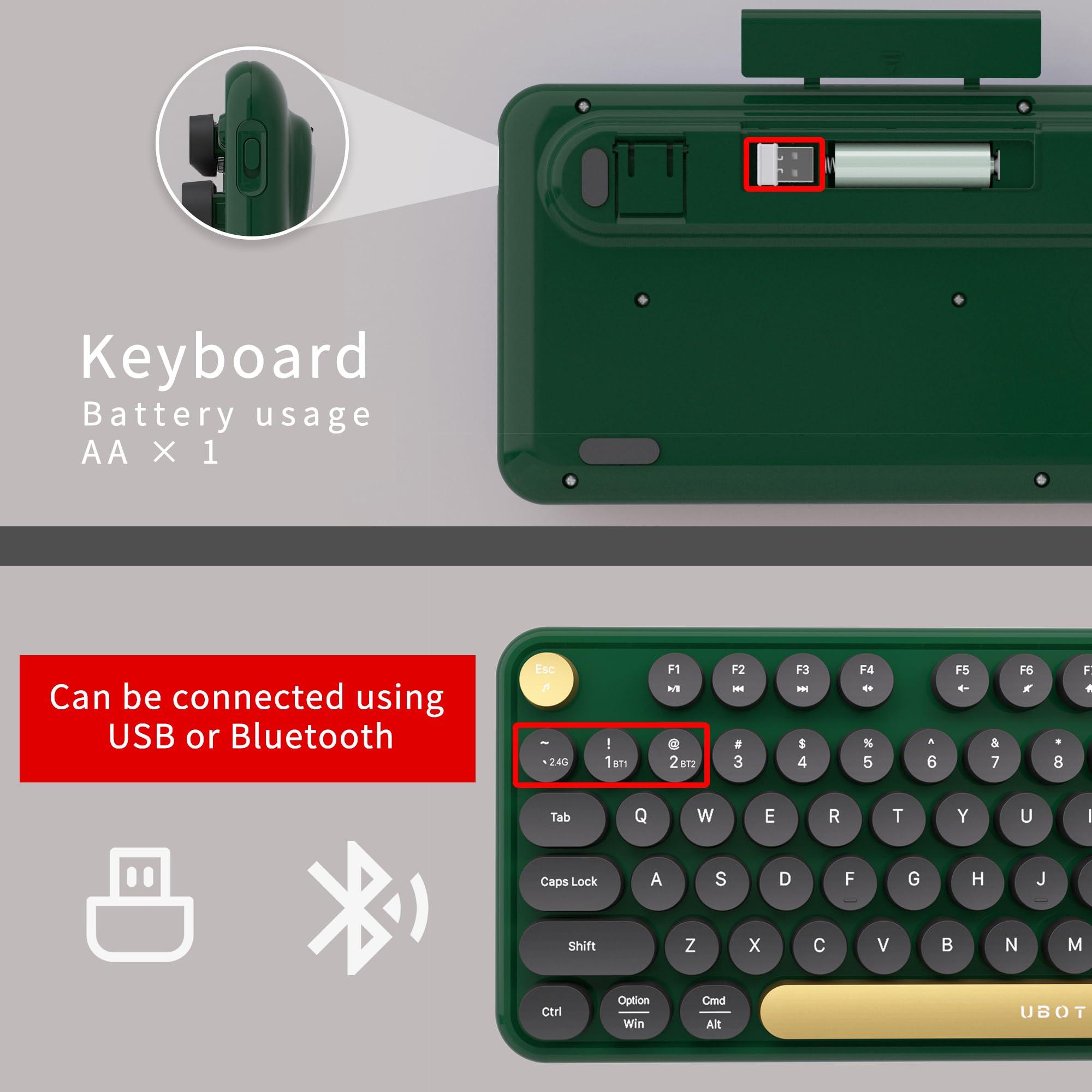 UBOTIE Dual Mode Colorful Wireless Keyboard, Bluetooth and USB Receiver Retro Typewriter Round Keycaps Keyboard Support Multi Devices for PC Laptop Tablet Phones(Dark-Green) - Image 5