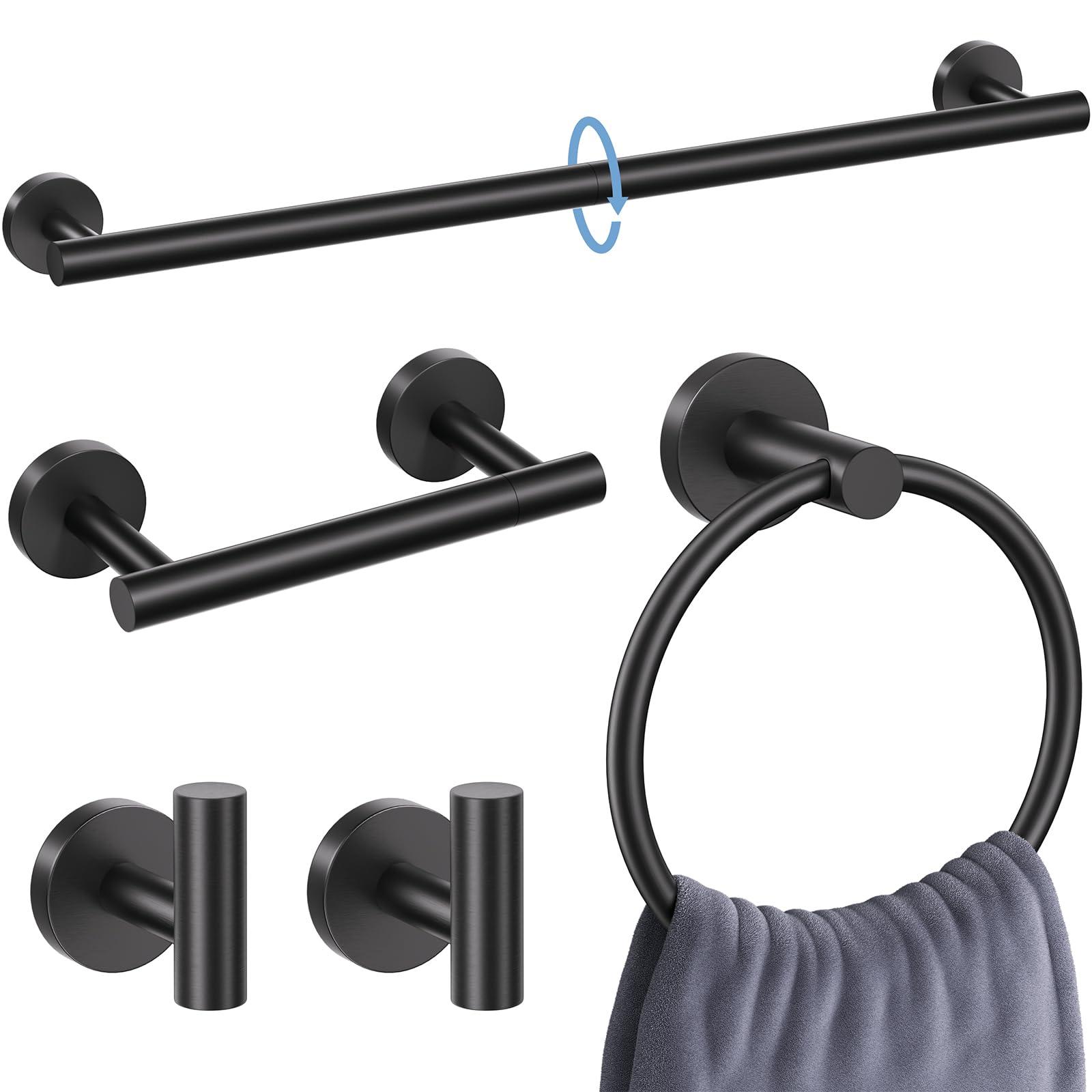 5 Pieces Matte Black Round Towel Bar Set Bathroom Hardware Accessories Set Upgraded Toilet Paper Holder Towel Racks Set for Bathroom Stainless Steel Wall Mounted 23.6 in