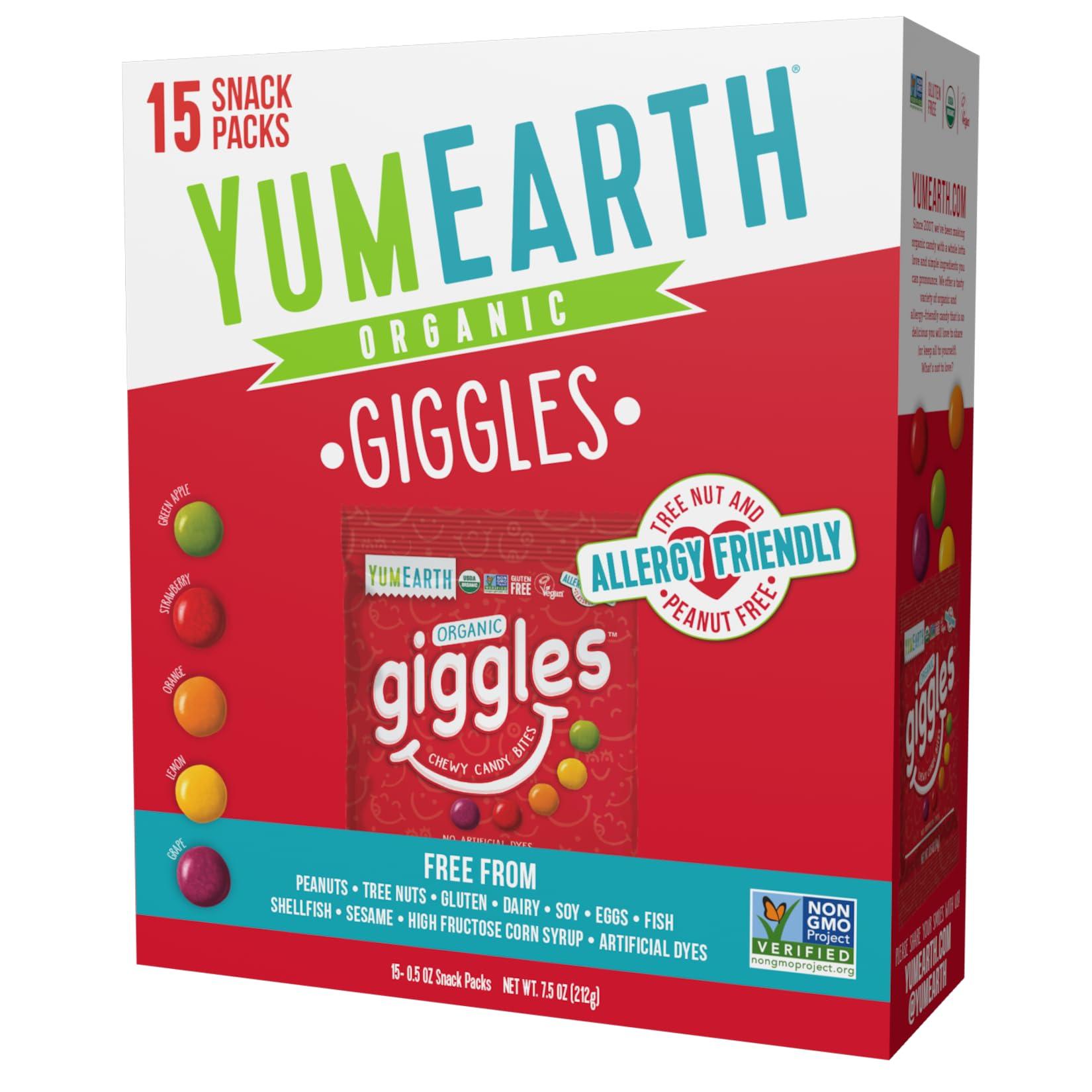 YumEarth Organic Giggles Chewy Candy – Allergy Friendly, No Artificial Dyes, Non GMO, Gluten Free, Fruit Flavored, Vegan Candy Snacks with No Artificial Flavors, 0.5 oz (Box of 15)​