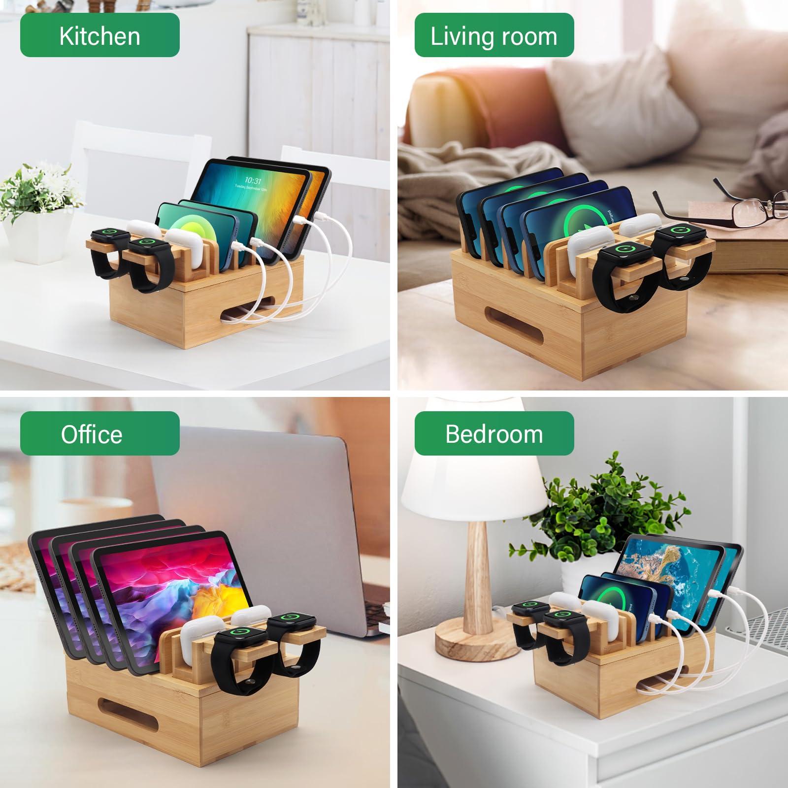 Deefielly Bamboo Charging Stations for Multi Devices with 5 Port USB Charger, 6 Cables, Desktop Wood Docking Station Charger Organizer for Cell Phones, Tablets,Earphone, Watches - Image 3