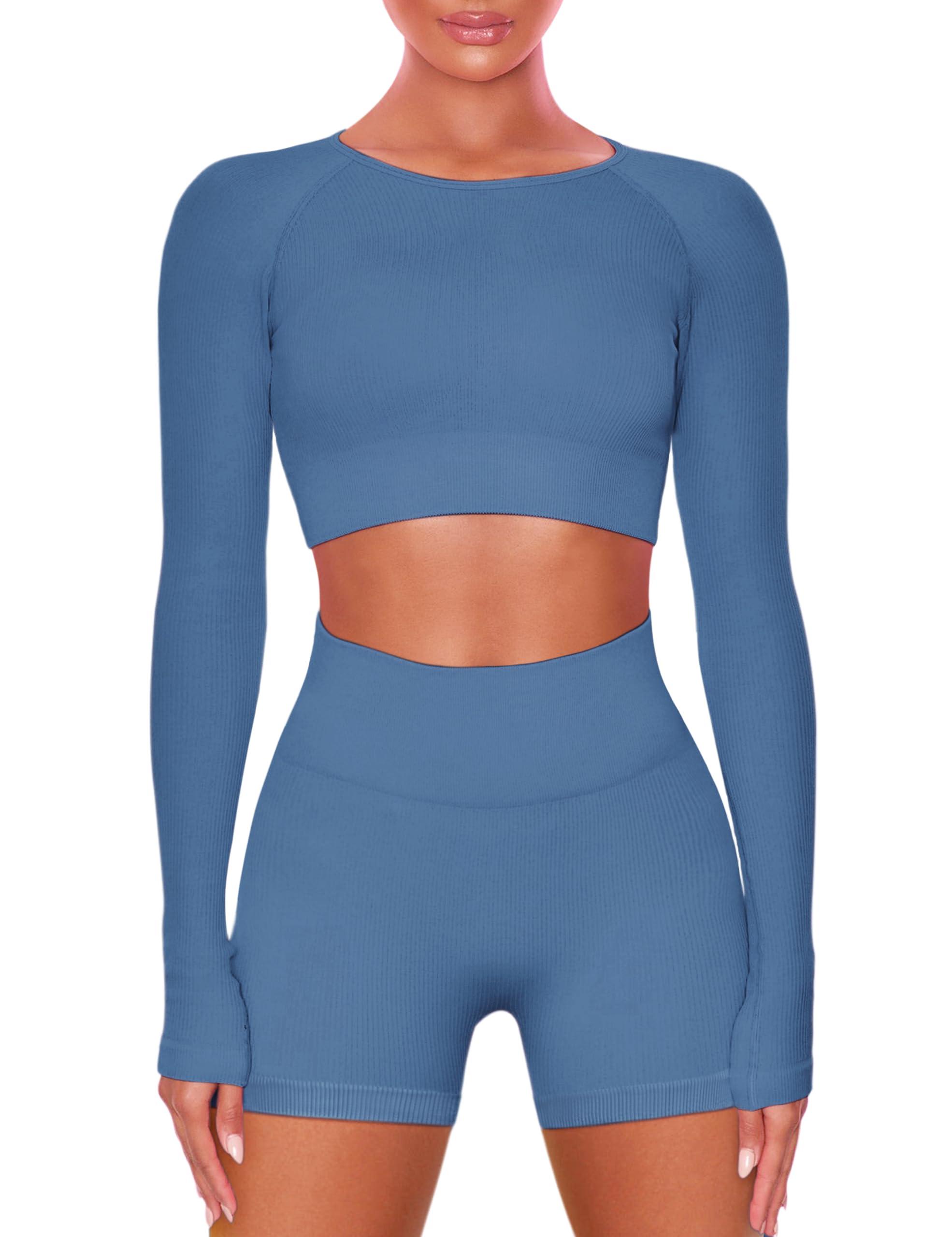 Buttergene Women Workout Sets 2 Pieces Long Sleeve Yoga Outfits Gym Clothes Seamless Ribbed Crop Top High Waist Leggings