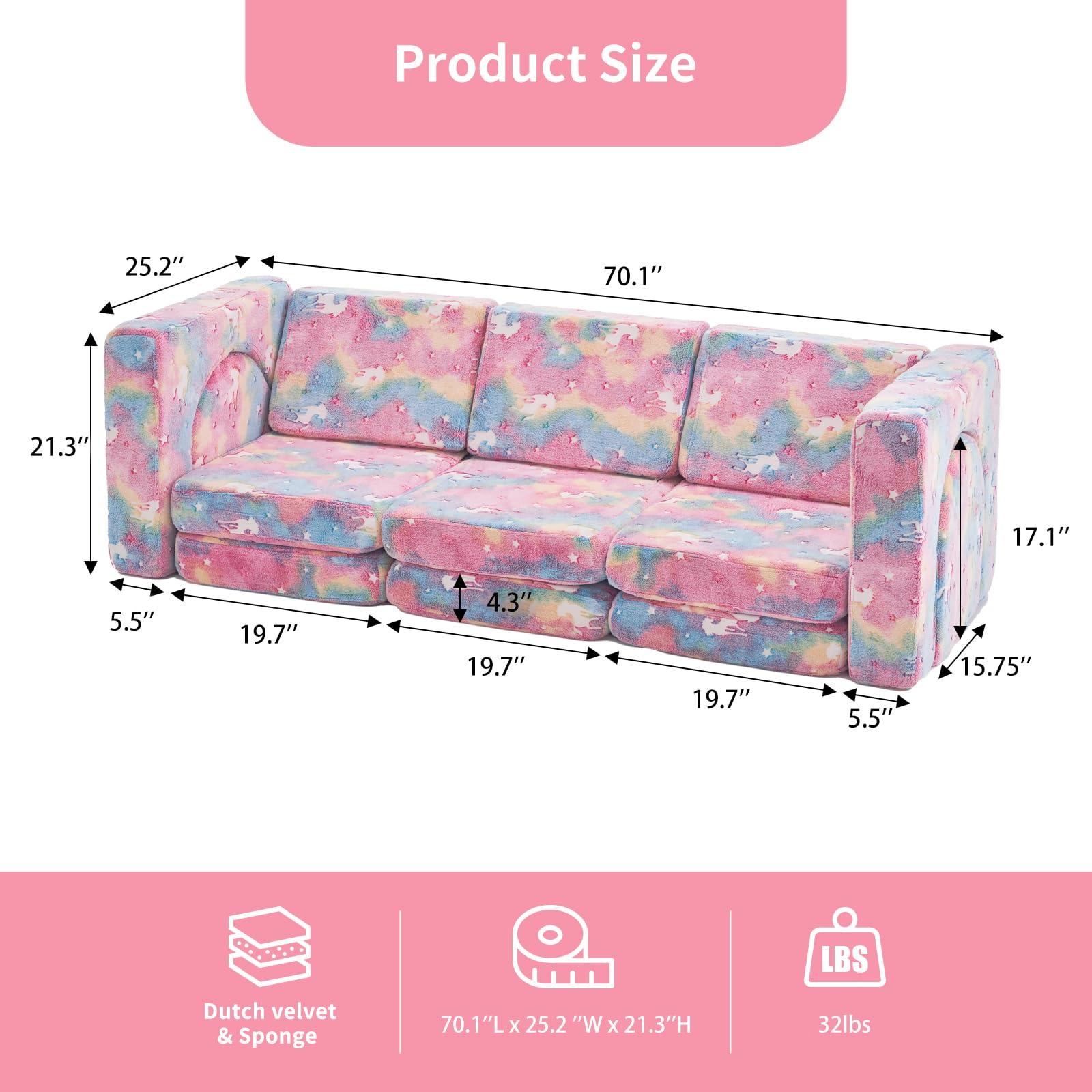 Kids Couch 13PCS, Modular Kids Play Couch for Playroom Bedroom, 13 in 1 Multifunctional Kid Sofa for Playing, Creativing, Sleeping, Indoor Toddler Couches for Boys and Girls (Glowing Unicorn Pink) - Image 3