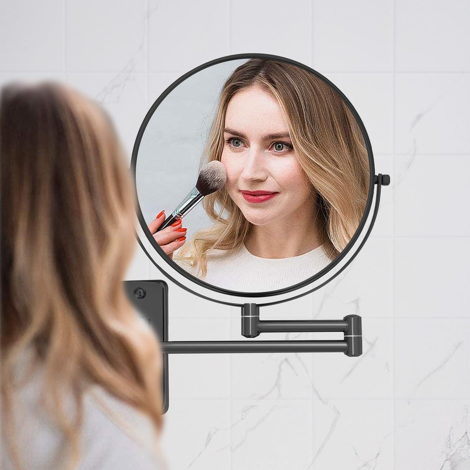 AumVum 8” Makeup Mirror Wall Mounted, 1X/10X Double-Sided Wall Mount Magnifying Bathroom Mirror with Extendable Arm, 360° Swivel Vanity Shaving Mirror for Bathroom and Makeup, Black (No Light - Image 2