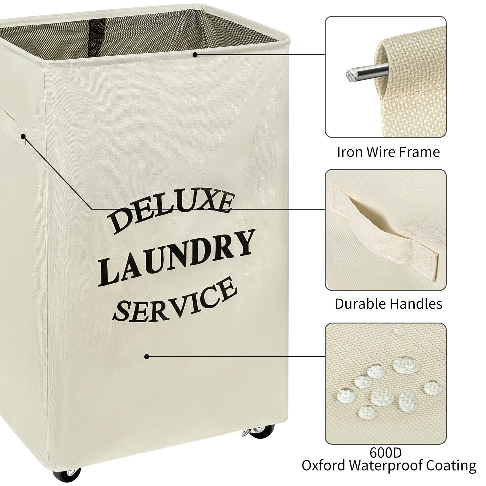 WOWLIVE Large Rolling Laundry Basket Wheels 90L Collapsible Tall Laundry Hamper Handle Foldable Dirty Clothing Basket Fold up Rectangular Hampers for Laundry Dorm Room (Beige) - Image 5