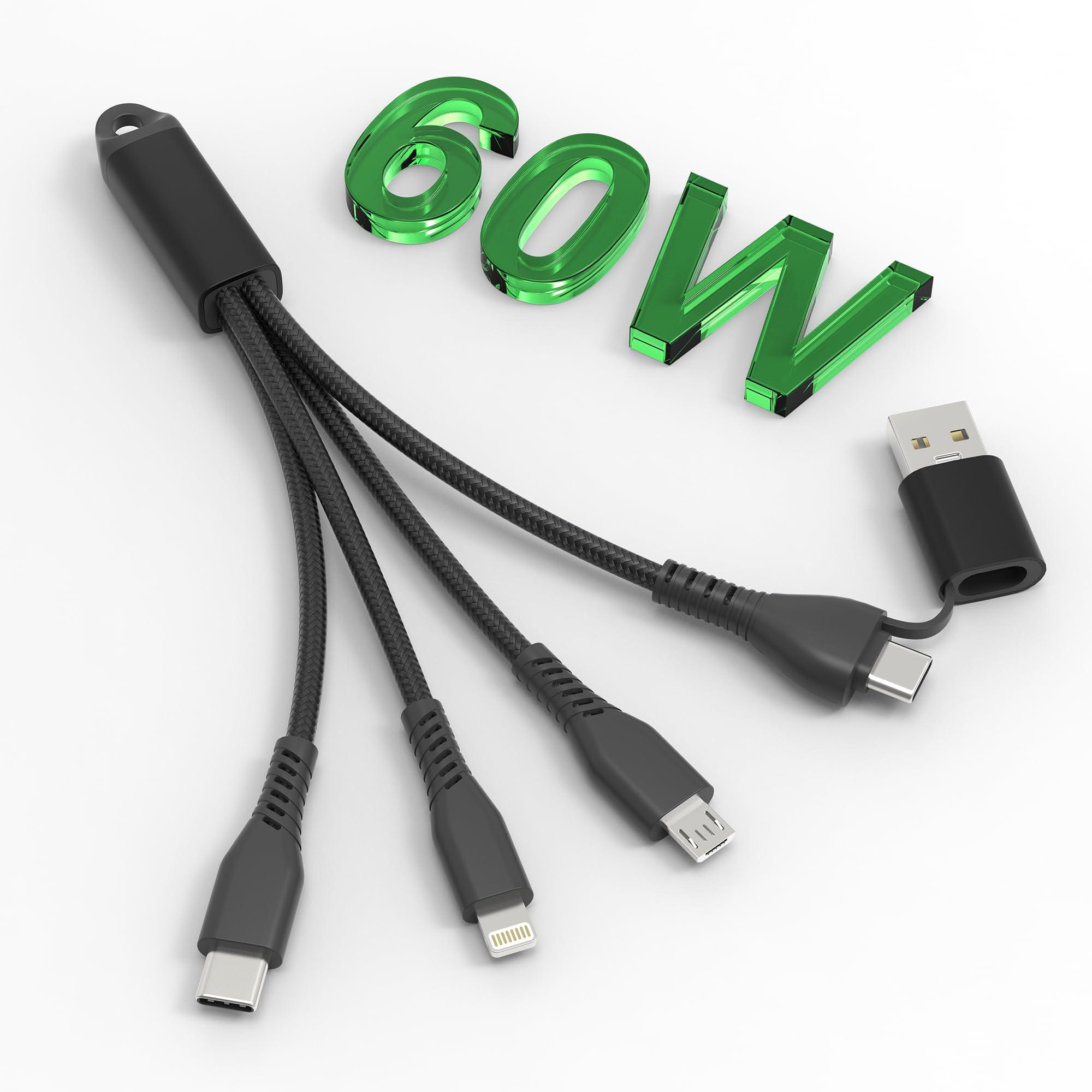 5in1 Multi Charging Cable Fast Charging 60W - Short Universal USB Keychain Cable - Portable Nylon Braided Charging Cord with Type C[MFi & 3A Fast Charge & Data Sync & Carplay]Micro USB/Lightning Ports
