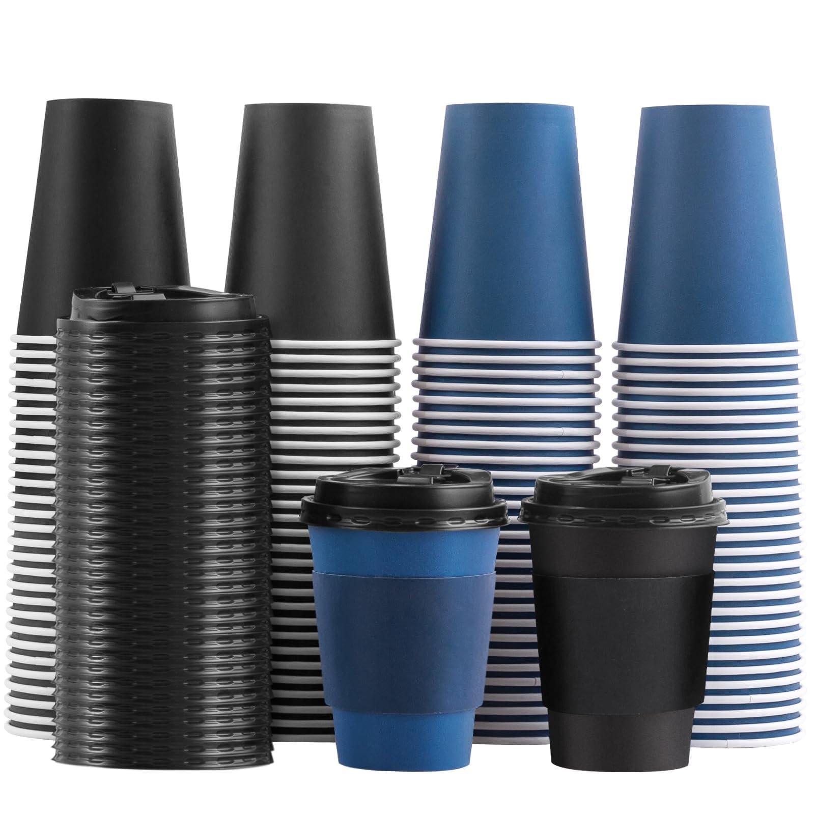 SIUQ 100 Pack 12 oz Coffee Cups with Lids, Disposable Paper Coffee Cups with Sleeves for Hot/Cold Drinks Parties, Picnic, Travel, and Events (Navy and Black)