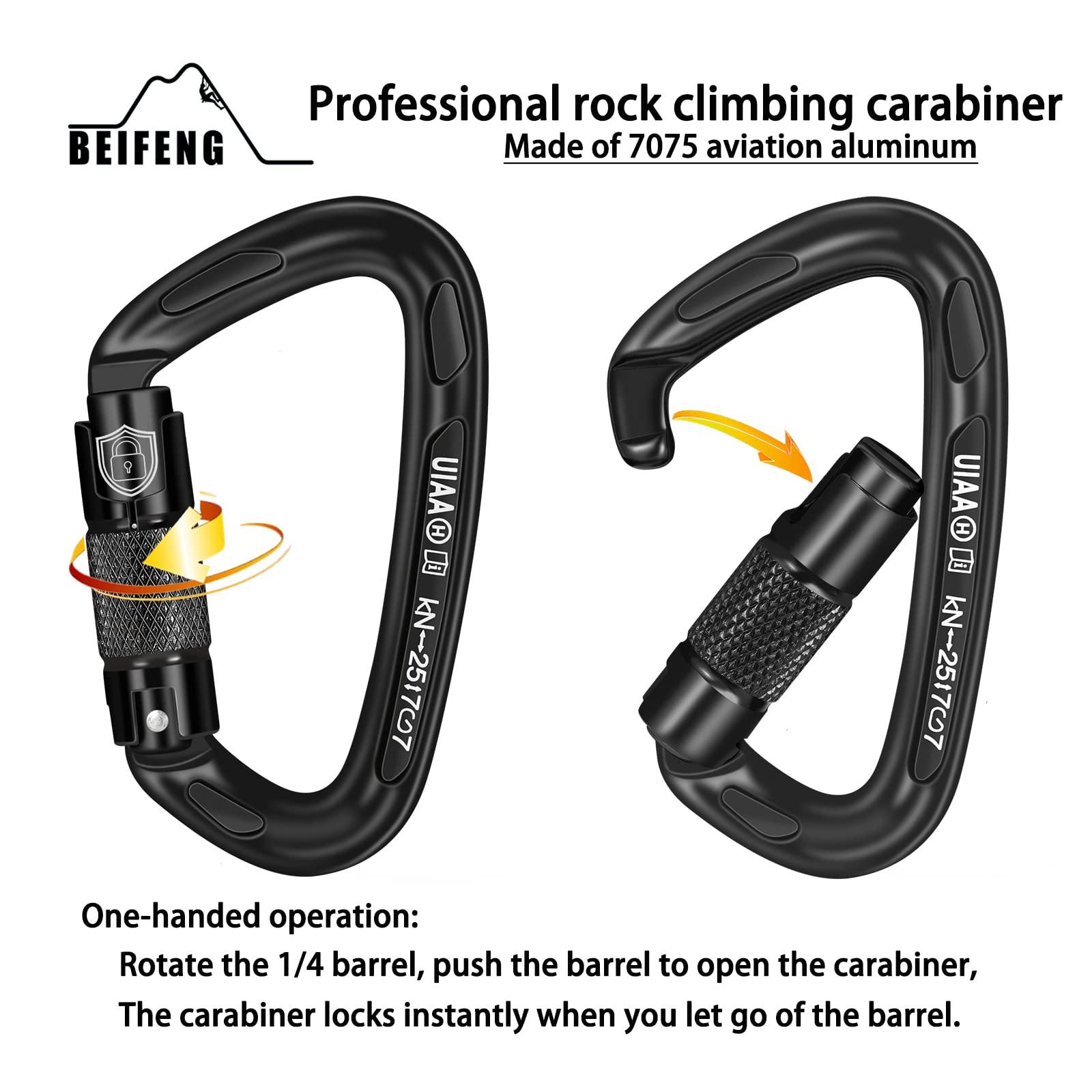 BEIFENG 25KN Auto Locking Carabiner - UIAA Certified Heavy Duty Climbing Carabiners for Rock Climbing, Camping, Rappelling, Hunting, Rescue Equipment - Professional Carabiner Clips (Black) - Image 3