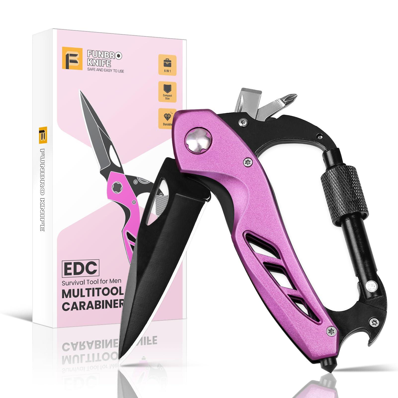 FUNBRO Pink Multitool Carabiner Knife Gifts for Mom Women Wife, 6-in-1 Keychain Multi Tools with Window Breaker, Bottle Opener and Screwdriver, EDC Gear Gadget for Camping Hiking