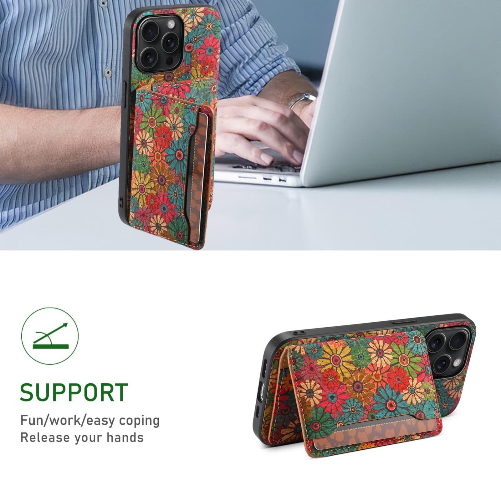 GuluGuru for iPhone 16ProMax Cork Wood Phone Case, Retro Floral Colorful Flower Printing Magnetic Folio Flip ID/Credit Card Holder Slot Back Cover Bag, Kickstand Support - Image 7