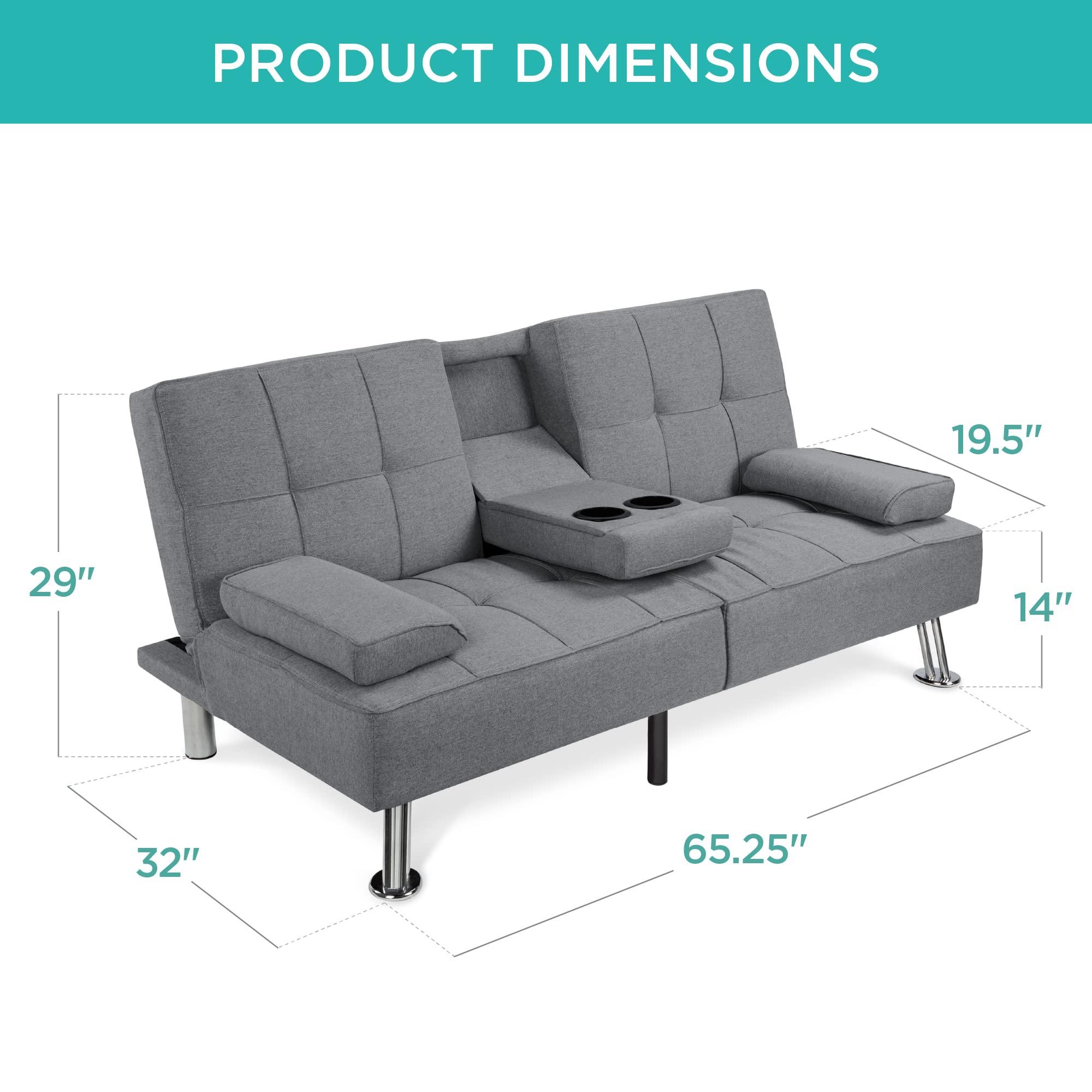 Best Choice Products Linen Modern Folding Futon, Reclining Sofa Bed for Apartment, Dorm w/Removable Armrests, 2 Cupholders - Gray - Image 3