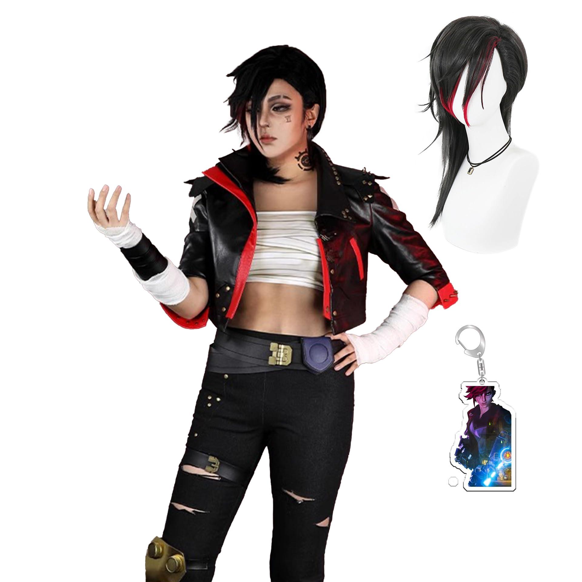 Women's Anime Black Punching Gloves Cosplay Outfit with Faux Leather Jacket