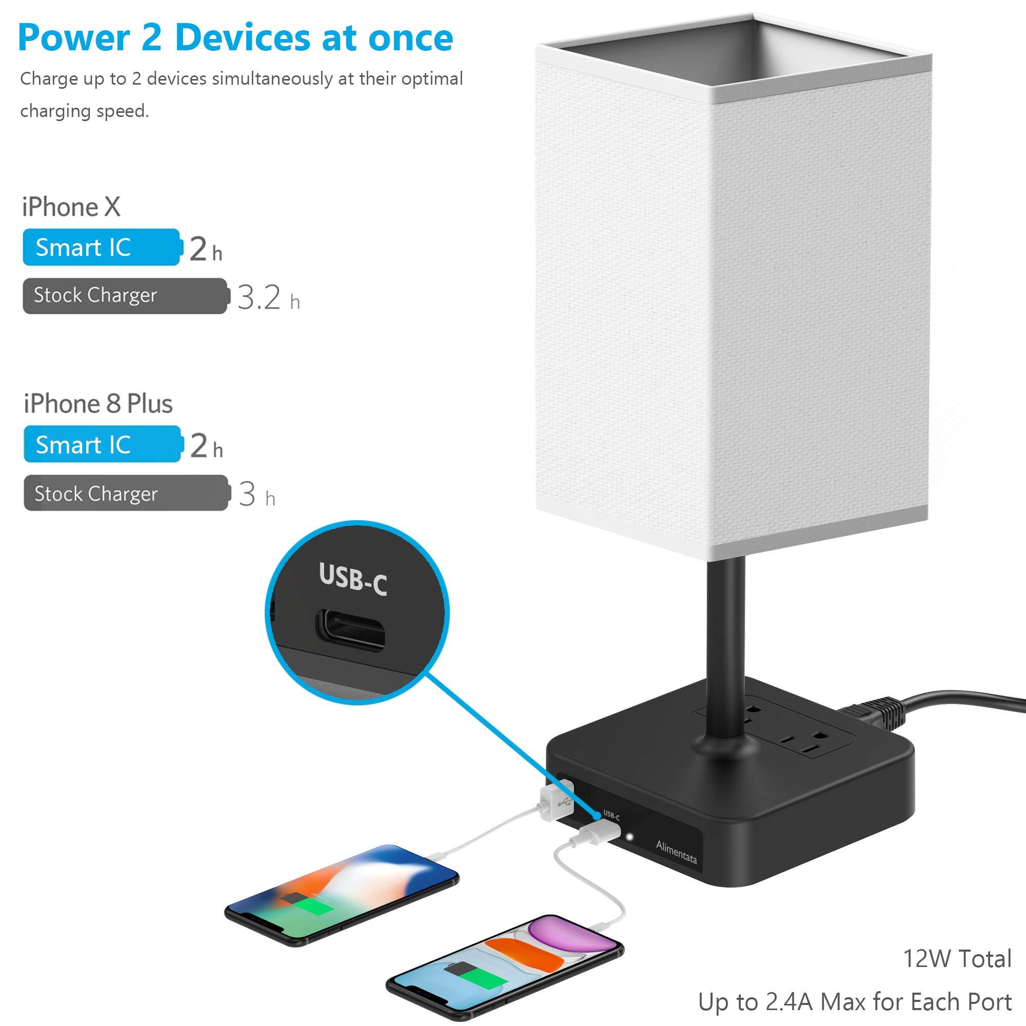 Alimentata Touch Control Bedside Table Lamp with USB C & USB A Charging Port and 2 AC Outlet, Minimalist LED Desk Light with Charger Base White Fabric Shade for Bed Room/Nightstand/Office - Image 3