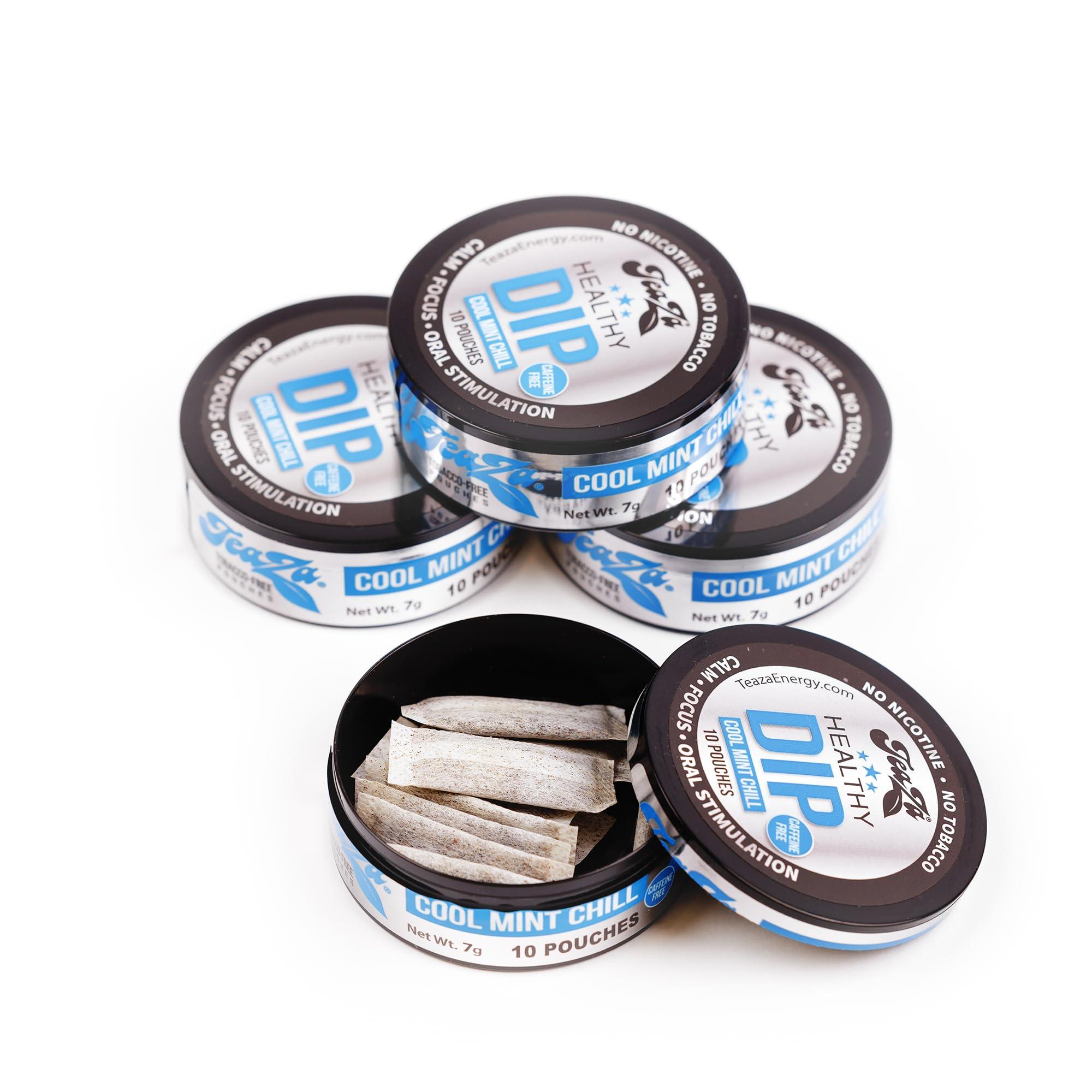 Teaza Herbal Energy Pouches, Alternative Snuff and Healthy Dip, Caffeine Free Tobacco Free Chew Premium Crisp Minty Flavor - Cool Mint Chill (4 Pack)