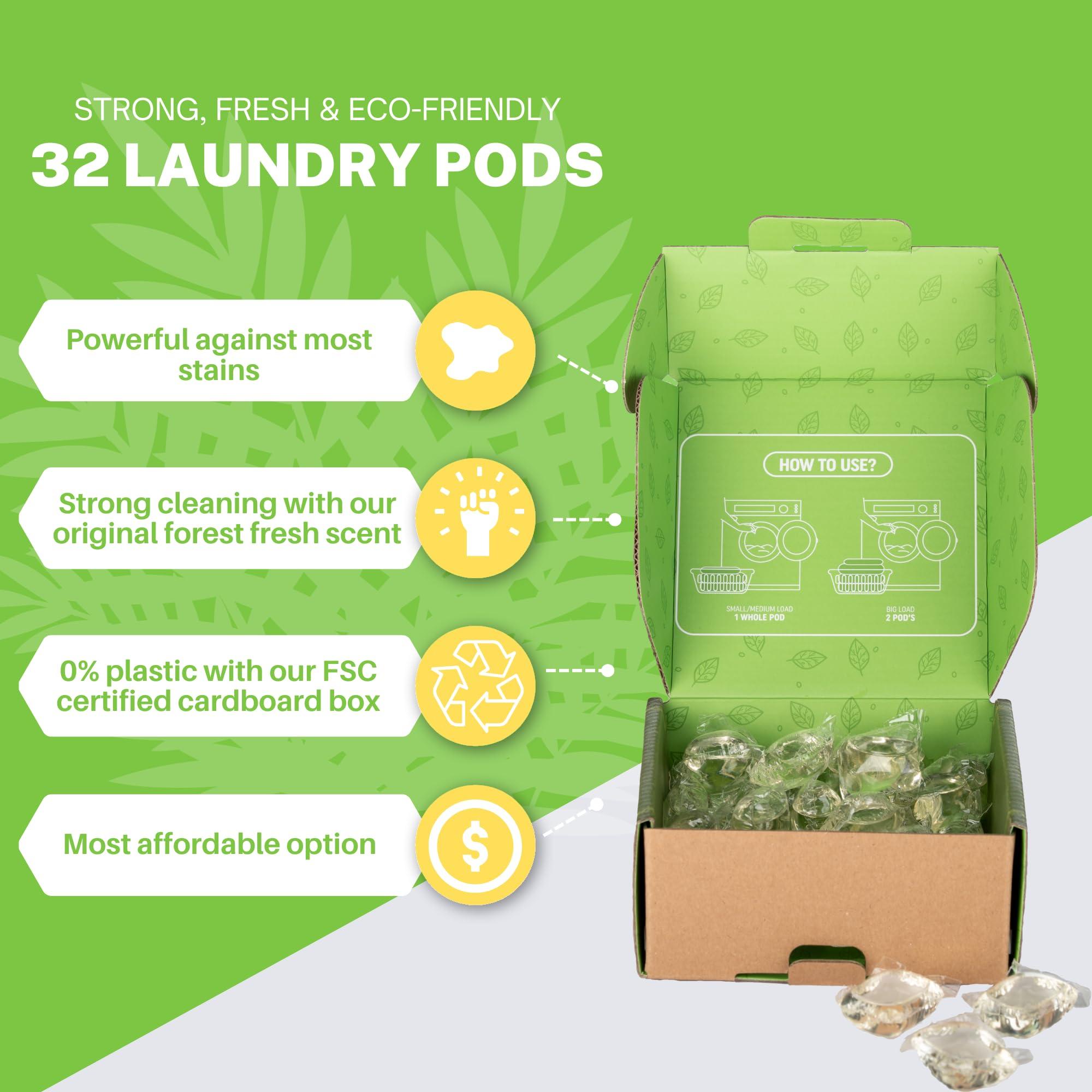 Laundry Detergent Pods, 32 Count, Fresh Scent, Eco Friendly, Biodegradable, HE Compatible, Powerful Stain & Odor Removal, Skin Friendly - Image 3