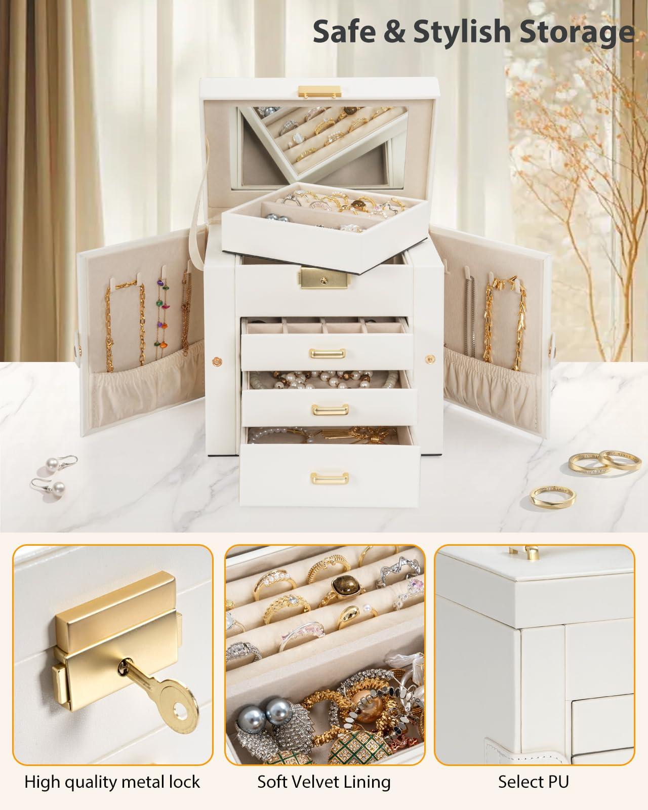 AKOZLIN 4-Tier Jewelry Box Leather Jewelry Storage Organizer with 3 Drawers Lockable for Women Girls Ring Necklace Earring Bracelet Holder with Mirror White - Image 6