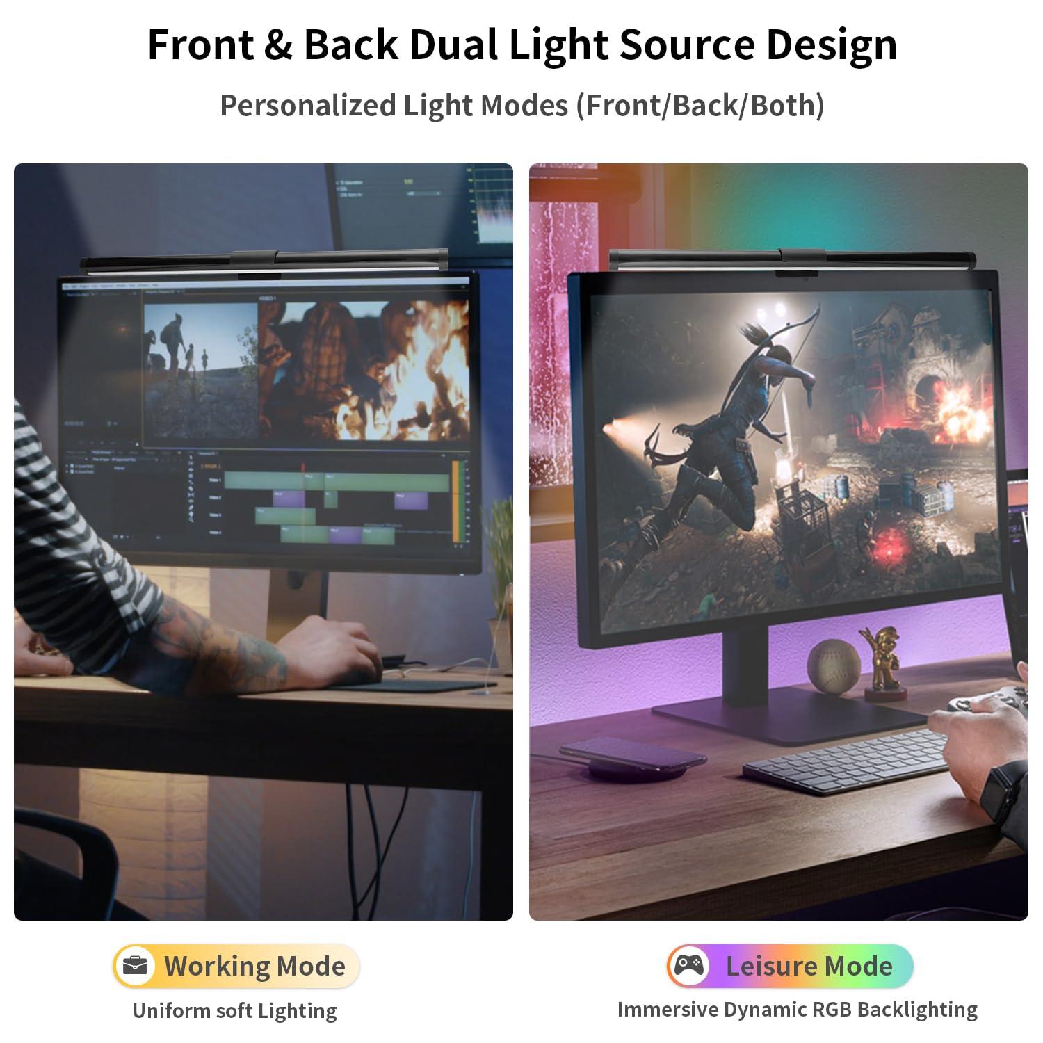 KEING USB Reading Screen Monitor Light, 15 Modes RGB Dimmable Backlight, Eye-Care Dual Light Computer Light Bar Gaming Office Desk Lamp, 5 Color Temperature Adjustable Brightness - Image 5
