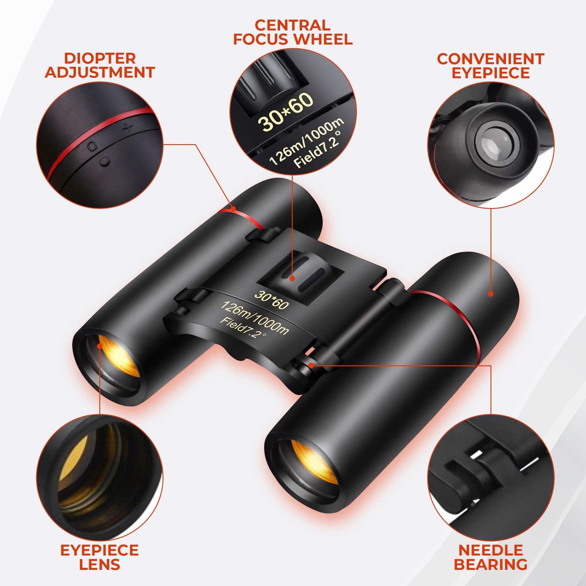 30x60 Travel Binoculars for Bird Watching – Small Binoculars for Adults with 126M/1000M Wide Field of View, 7.2° Angle & Storage Bag – Designed for Hiking, Birdwatching, and Outdoor Adventures - Image 3