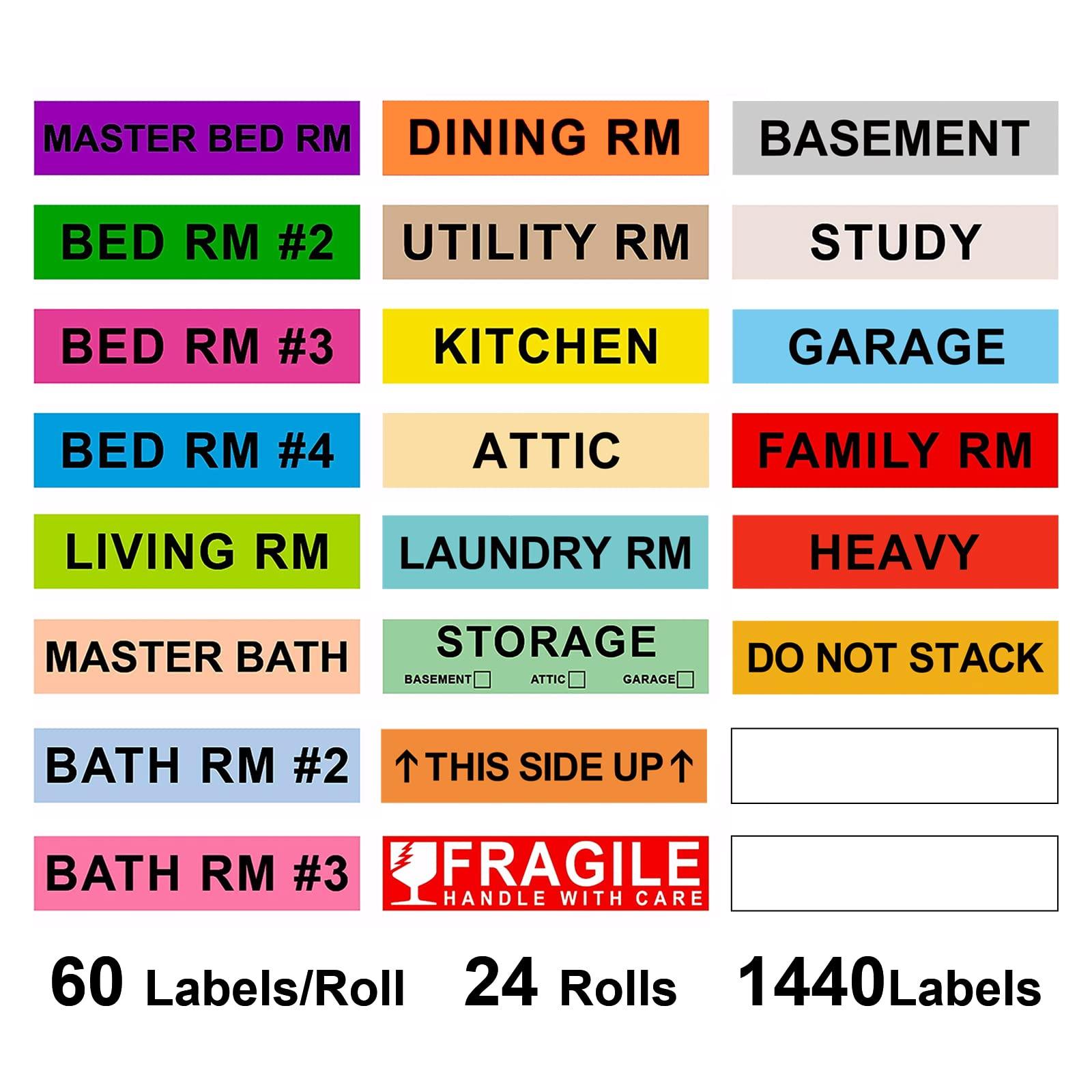 Printholic 1440 Count Home Moving Labels,24 Rolls Different Color Coding Moving Labels for Boxes Stickers + Fragile Moving Stickers + 2 Blank Label roll is for Customized use - Image 4