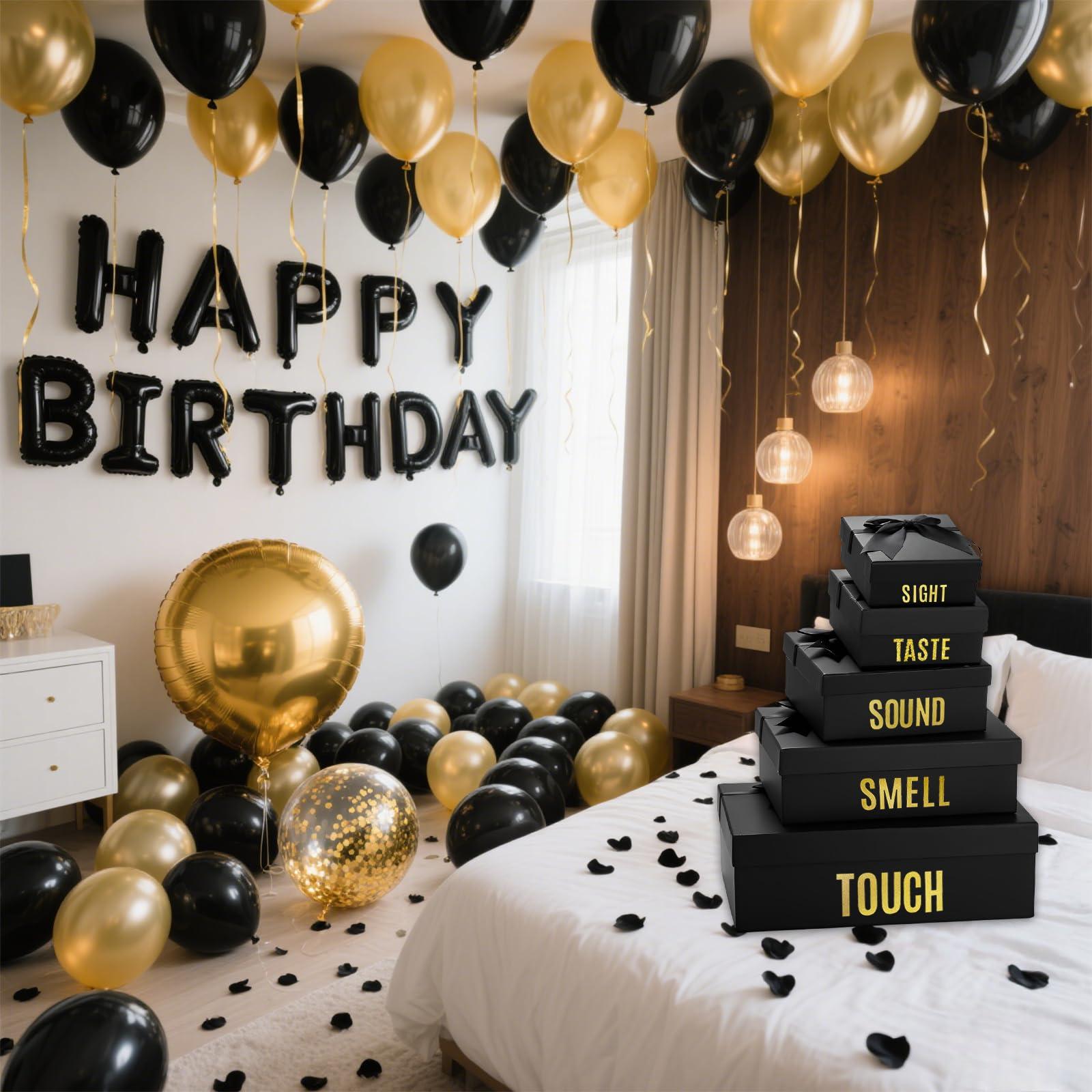 YIXAXKAO 5 Senses Gift Boxes for Him Five Senses Gift Birthday Decorations Black Nesting Gift Boxes With Lids Happy Birthday Banner Balloon for Husband Boyfriend (Black gold) - Image 4