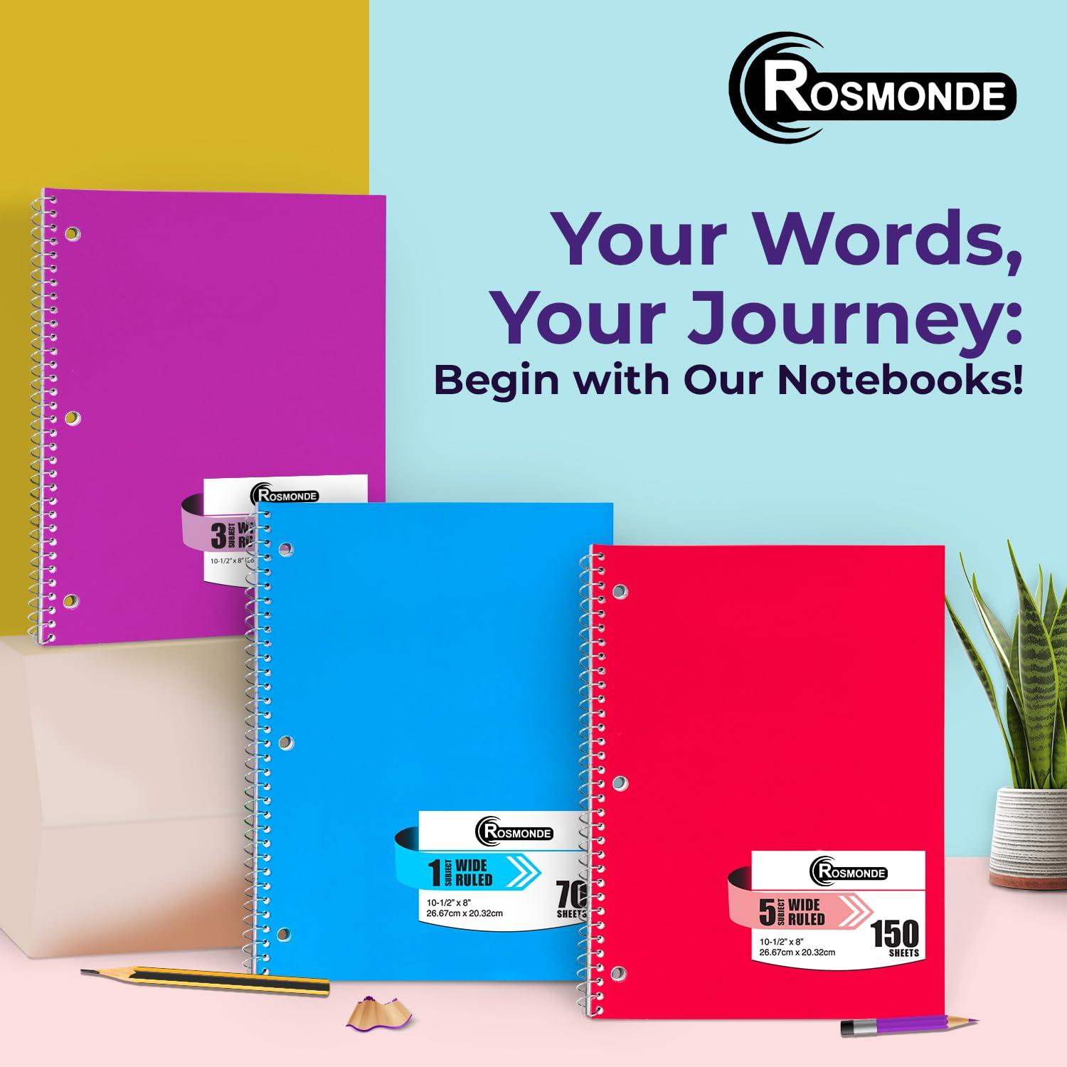 Rosmonde Spiral Notebooks, 12 Pack, 1 Subject Notebook, Wide Ruled, 70 Sheets, 8 x 10-1/2", 3 Hole Punched, School Supplies, Bulk Single Subject Spiral Notebook Bulk, Assorted Colors Pack of Notebooks - Image 7