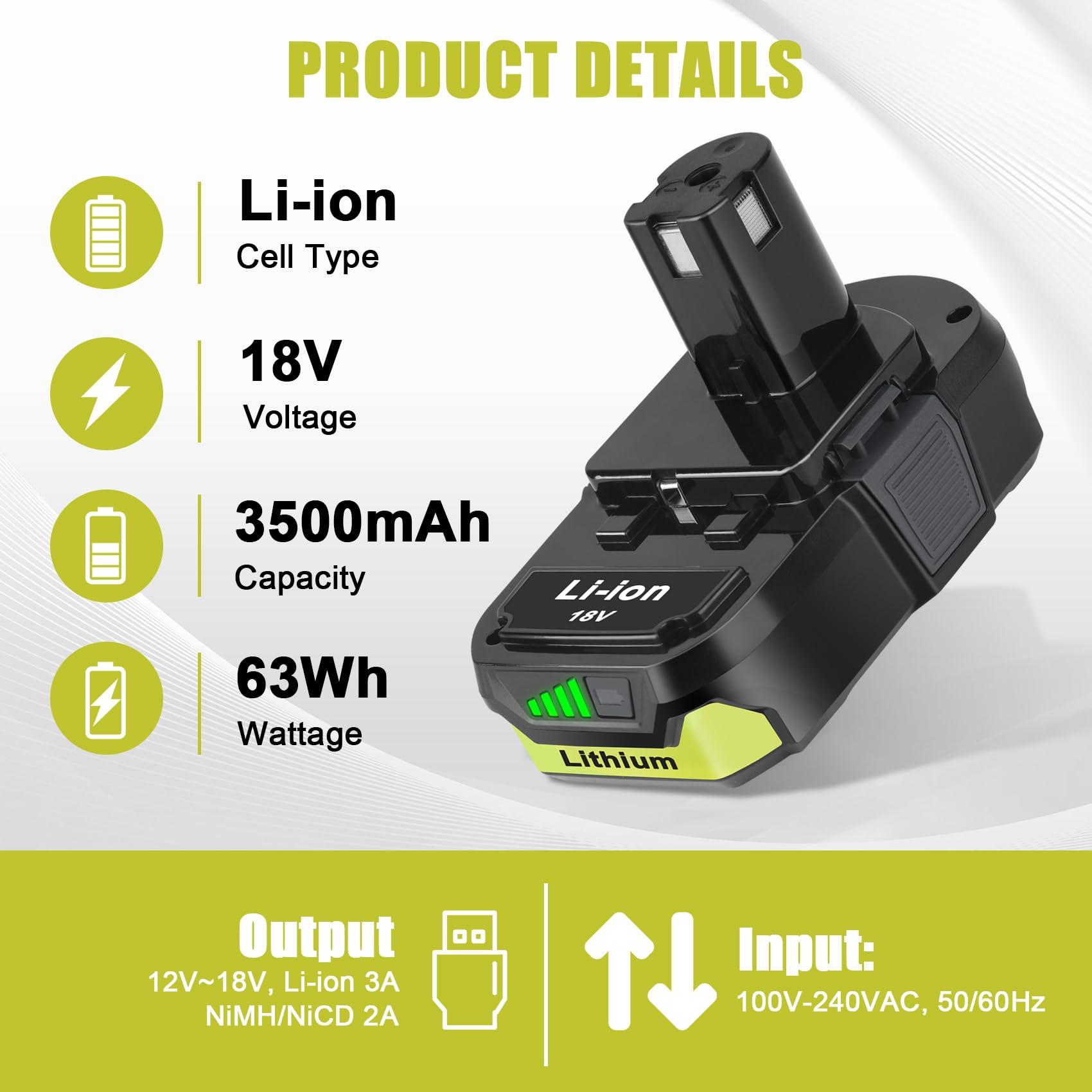 KUNLUN 2Pack 3.5Ah P102 Battery for Ryobi 18V Battery and P117 Charger Combo Compatible for Ryobi 18 Volt ONE+ P103 P104 P105 P107 P109 P190 P191 P122 Power Tools - Image 2