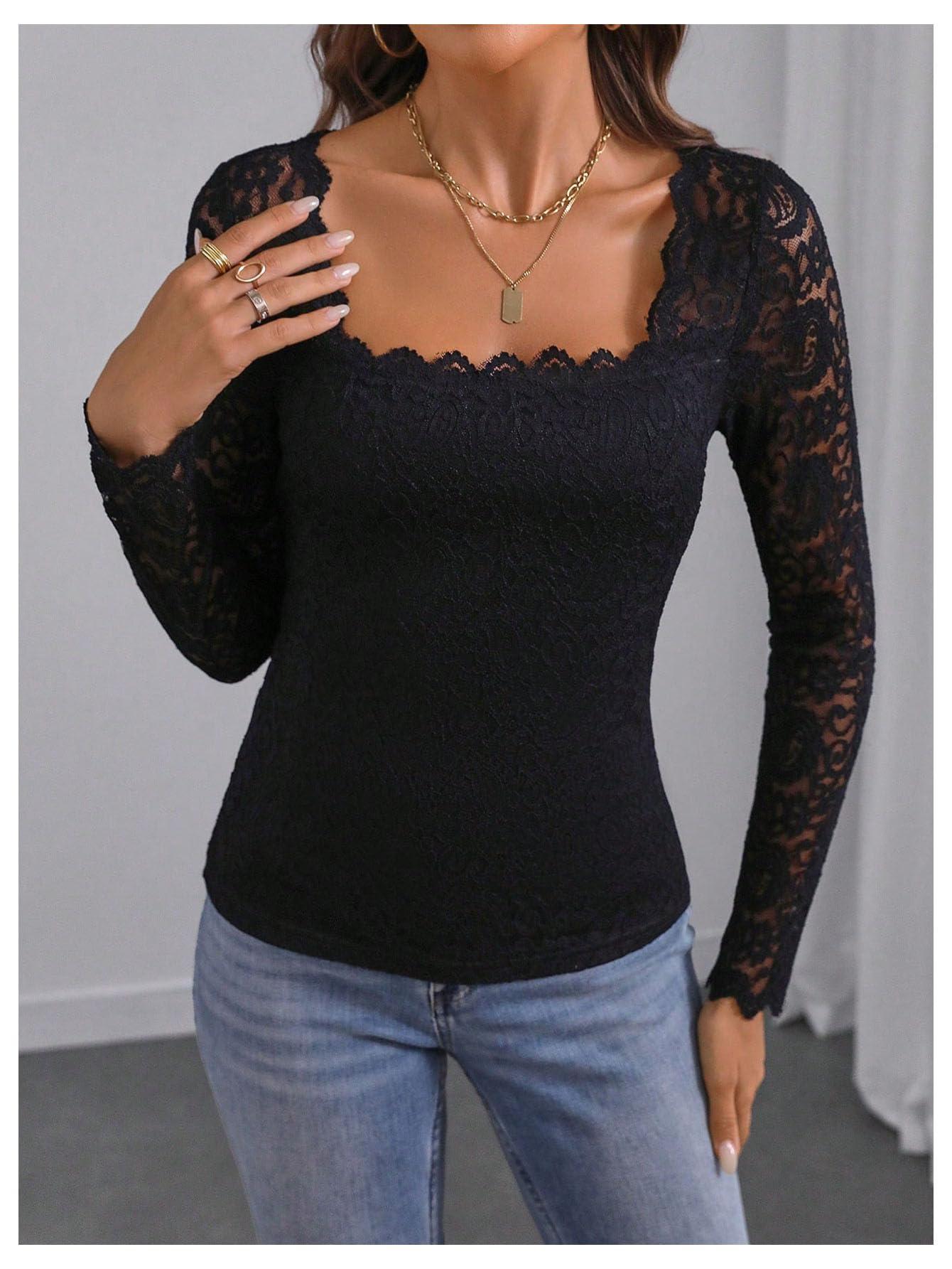 Milumia Women's Contrast Lace Scalloped Square Neck Long Sleeve Casual T Shirts - Image 5