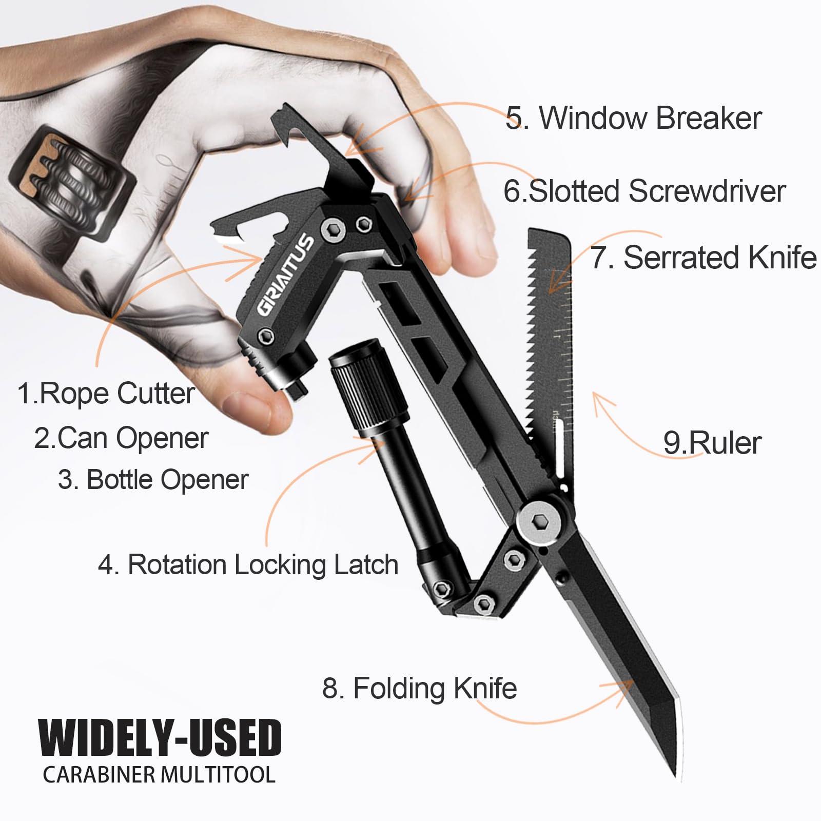 Carabiner Multitool 8-in-1 EDC Carabiners Pocket Knife, Serrated Knife, Rope Cutter, Screwdriver, Can Bottle Opener, Ruler, Survival Gear for Camping Climbing, Christmas Gifts for Men Women (Black) - Image 3