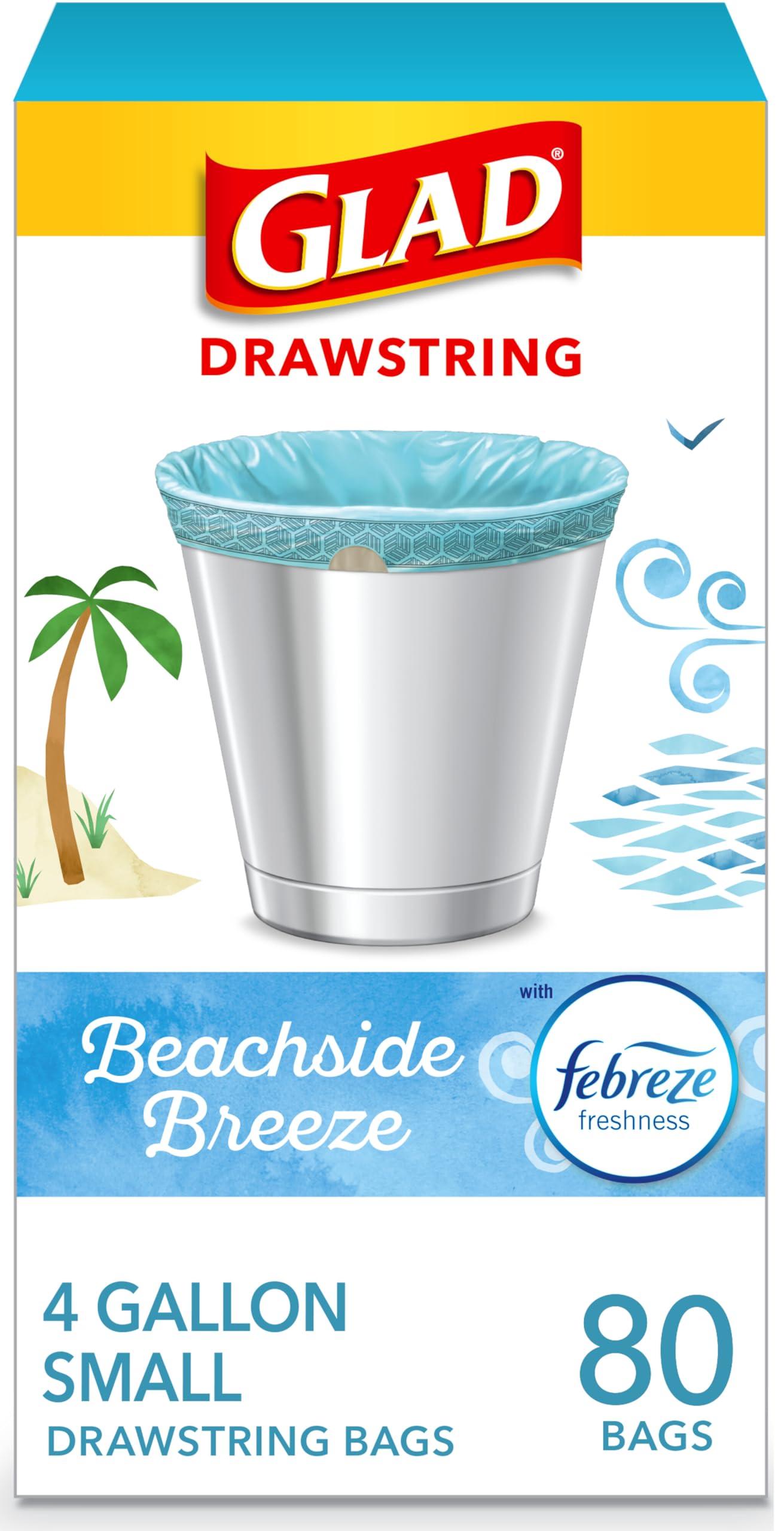 Glad Small Trash Bags 4 Gallon, Febreze Beachside Breeze Garbage Bags, Odor Resistant with Drawstring, 80 Count