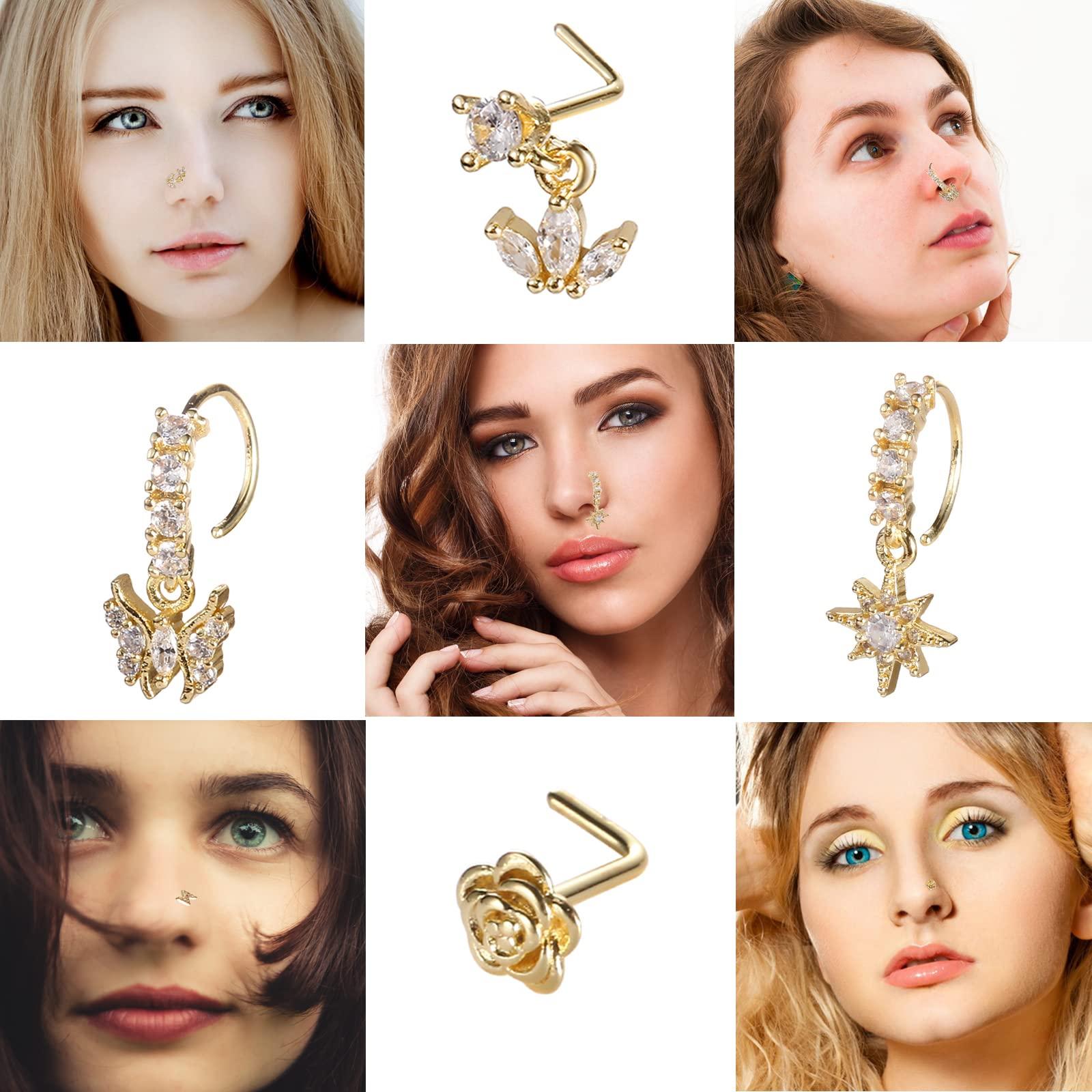 SAMOCO 20Pcs 20G Dangle Nose Ring L Shaped Dangling Nose Stud for Women Stainless Steel Nose Ring Studs CZ Flower Dangle Nose Rings Hoops Nose Piercing Jewelry - Image 4