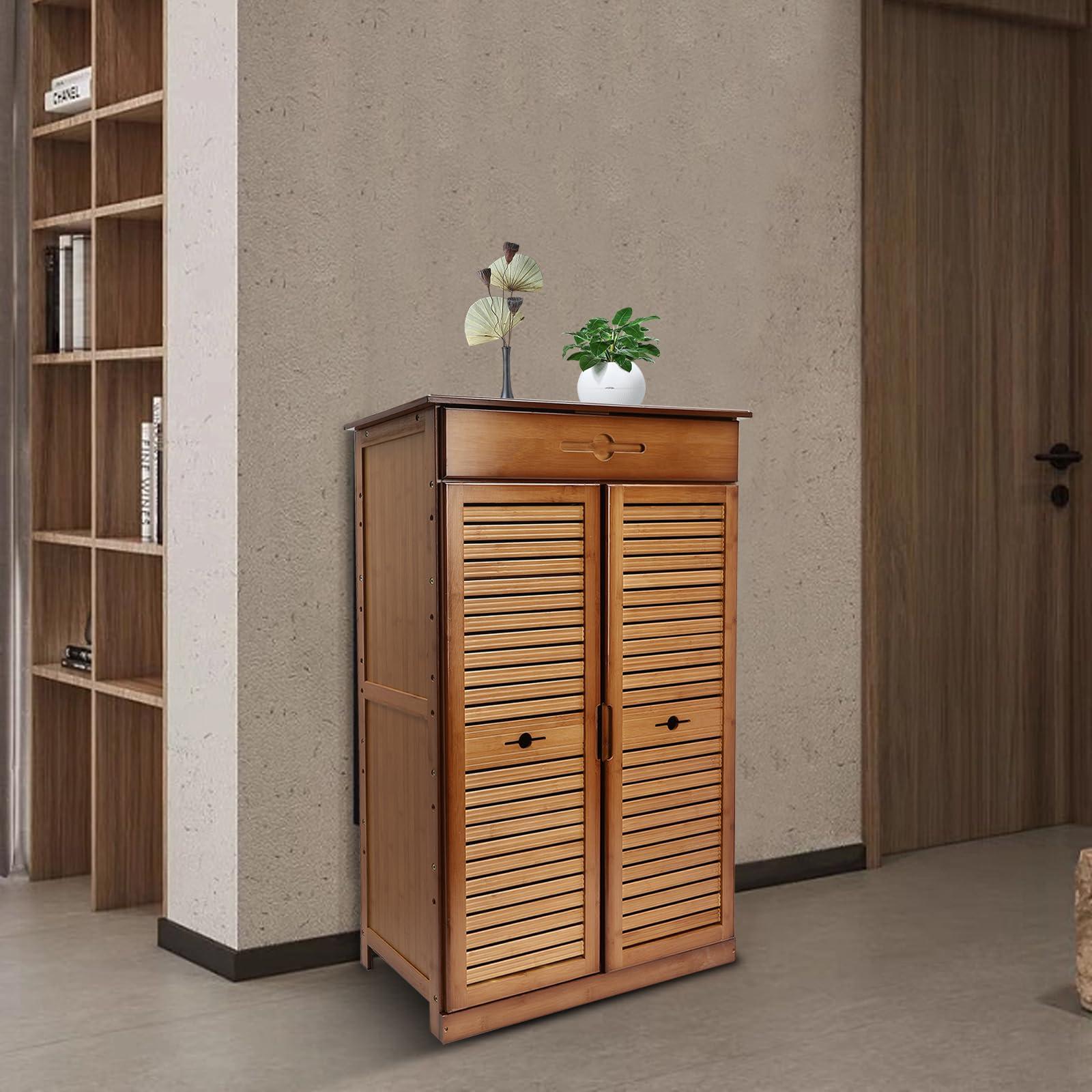 WUSILILU 5 Tier Shoe Cabinet with Drawer, Bamboo Shoe Cabinet Organizer with Door, Retro Entryway Shoe Storage Cabinet for Closet, Living Room, Bedroom, Hallway, Doorway - Image 9