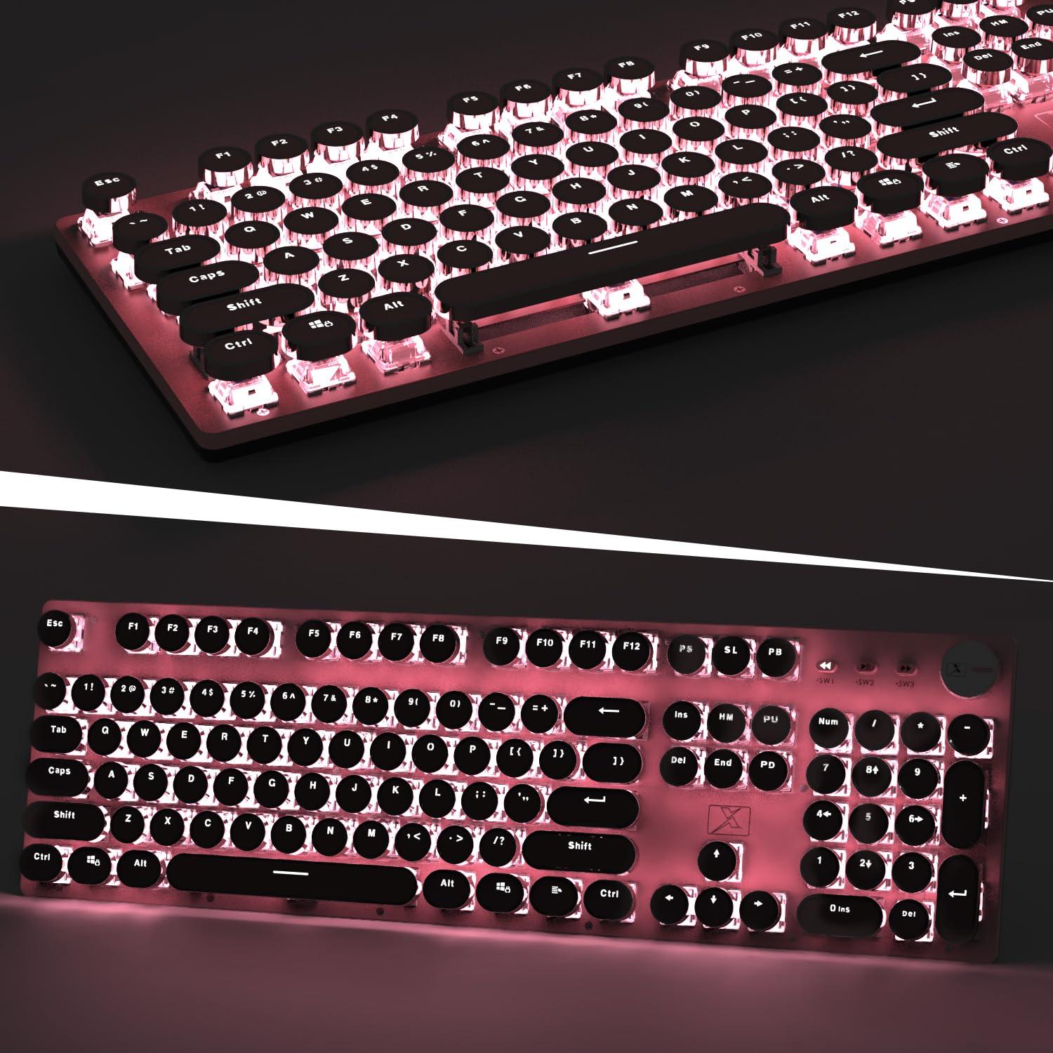 Typewriter Style Retro Wired Mechanical Gaming Keyboard, Vintage Steampunk with White LED Backlit, 104-Key Anti-Ghosting Blue Switch Cute Keyboard, Round Keycaps Knob Control for PC/Win/Mac/Laptop - Image 5
