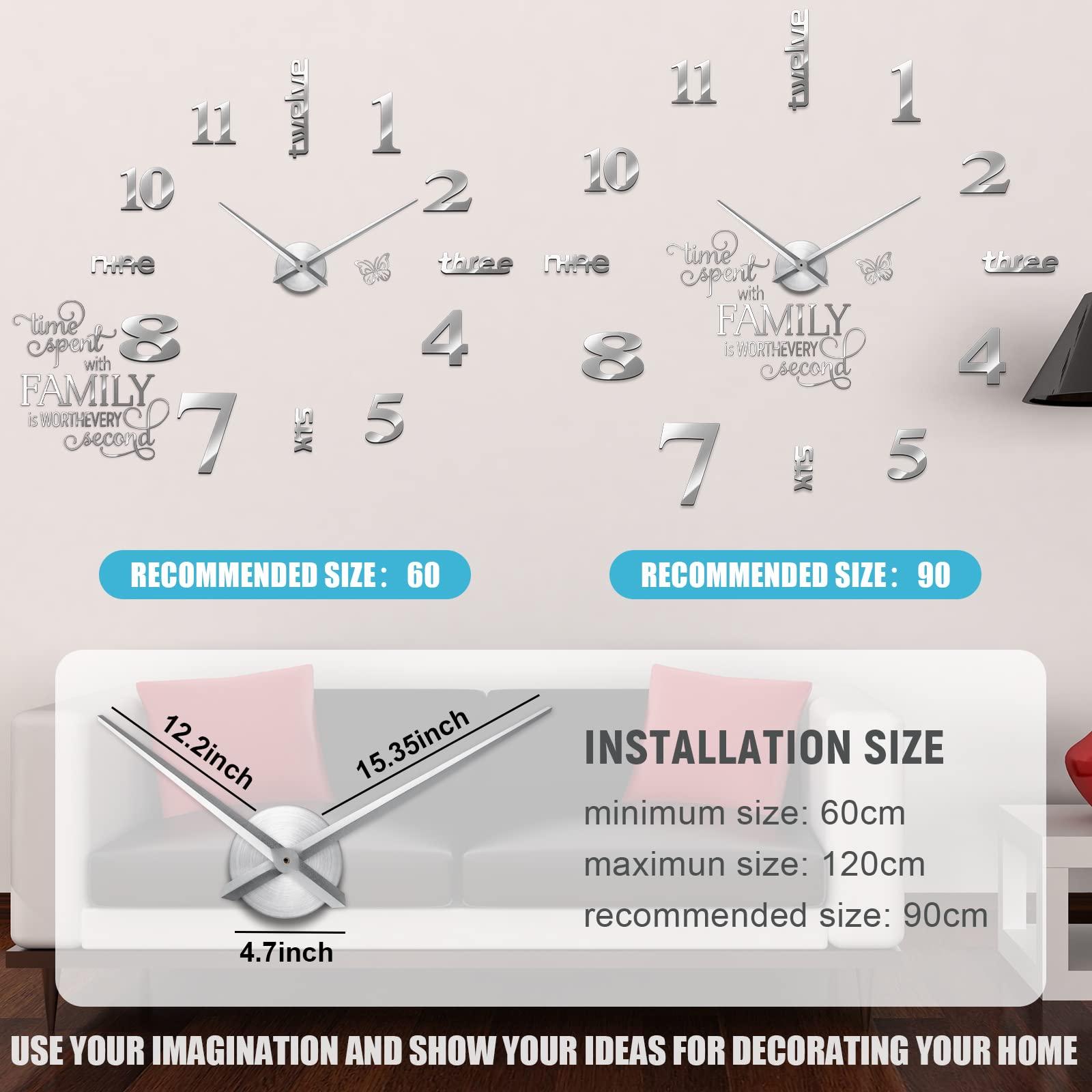 Junkin 3D Large Frameless DIY Wall Clock Modern Decor Family Quote Wall Stickers Clock Kit for Home Living Room Bedroom Office Decorations Adjustable Size(Silver) - Image 5