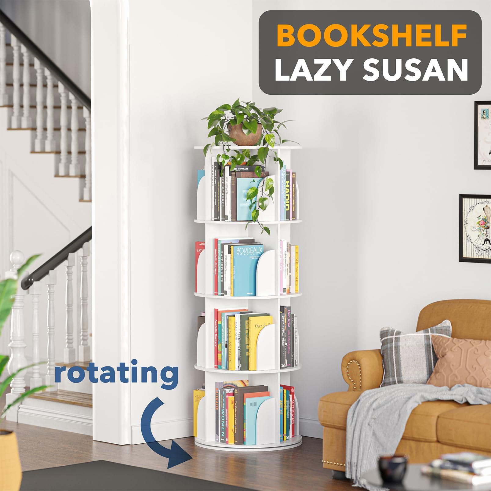 SpaceAid 4 Tier Rotating Bookshelf Tower, Spinning Bookcase Lazy Susan, Revolving 360 Book Shelf Storage Round Carousel, Vertical Rotate Turning Spiral Corner Organizer, White - Image 4