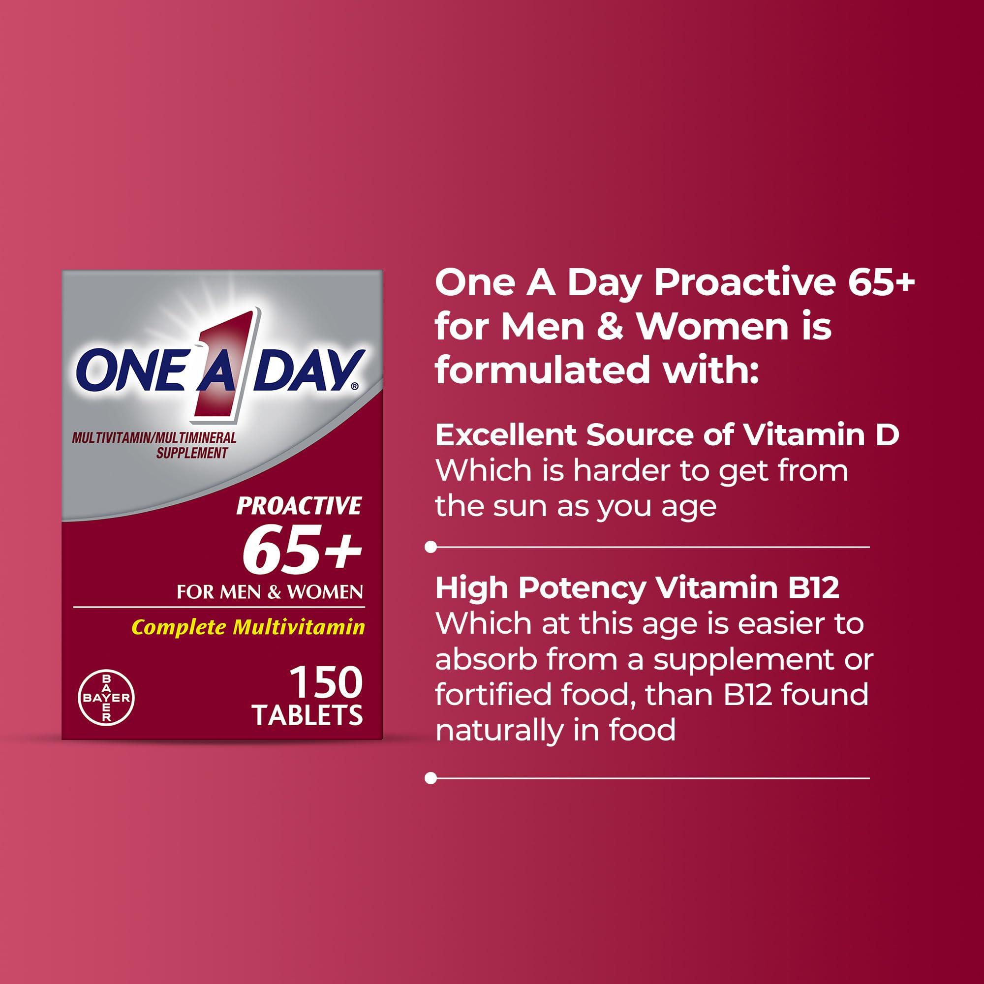 One A Day Proactive 65+, Mens & Womens Multivitamin, Supplement with Vitamin A, C, D, and Zinc to Support Bone Health & Cell Health, Calcium, Folic Acid, Tablet 150 Count - Image 2