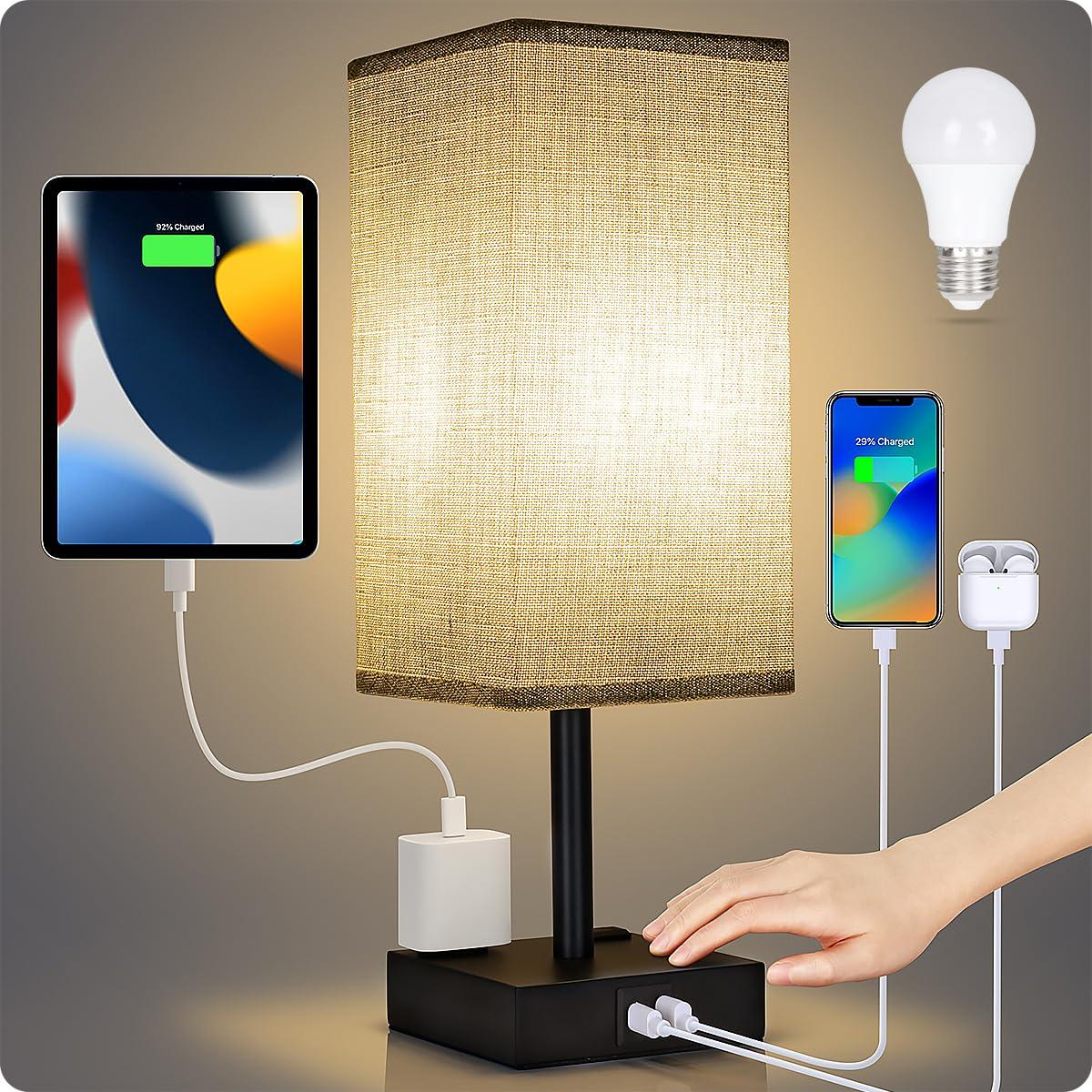 Bedside Table Lamp for Bedroom - Touch Small Lamp with USB C+A Charging Ports & AC Outlets, 3 Way Dimmable Nightstand Light for Living Room (LED Bulb Included, Grey) - Image 7