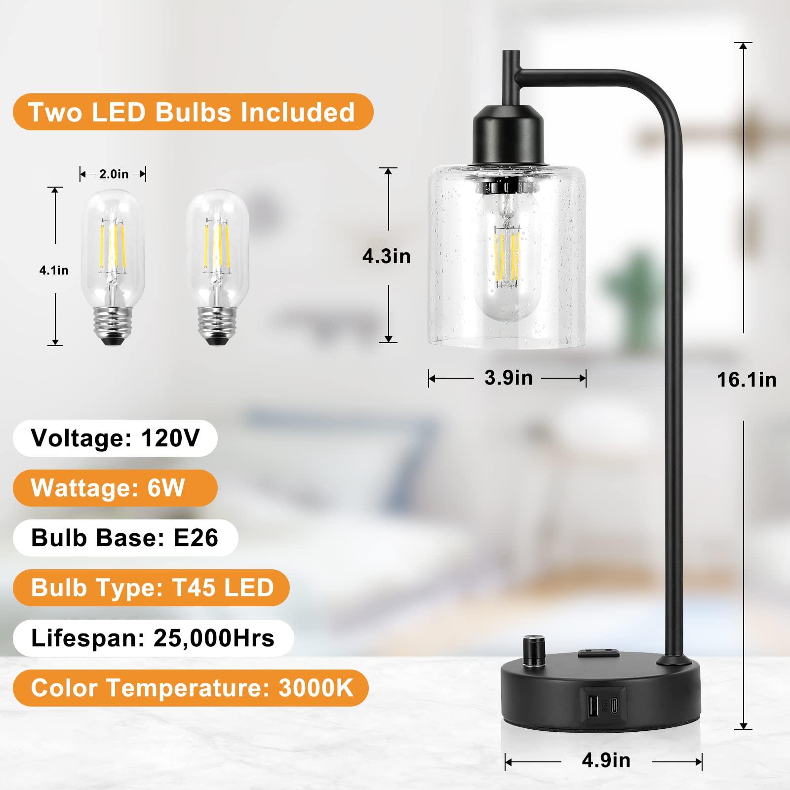 Industrial Table Lamps for Bedrooms Set of 2 - Fully Dimmable Bedside Lamps with USB A and C Ports and Outlet, Black Nightstand Lamps with Glass Shade for Living Room, Desk Lamps for Office Reading - Image 2