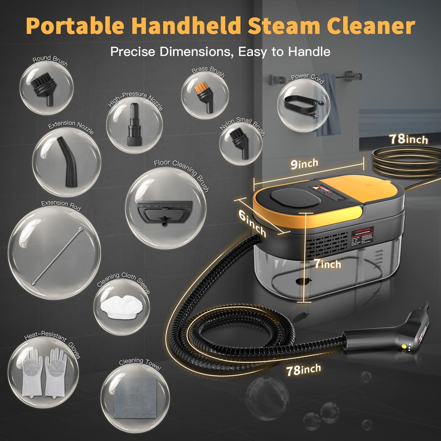 Gautye Steam Cleaner, 3-Level Adjustable Handle, 15s Heat-Up, 1.69 Quarts Tank, Portable Steamer for Cleaning with 15 pcs Accessories, Steam Cleaner for Home for Dirt, Grease, Grout, Tile,Floor, Car - Image 4