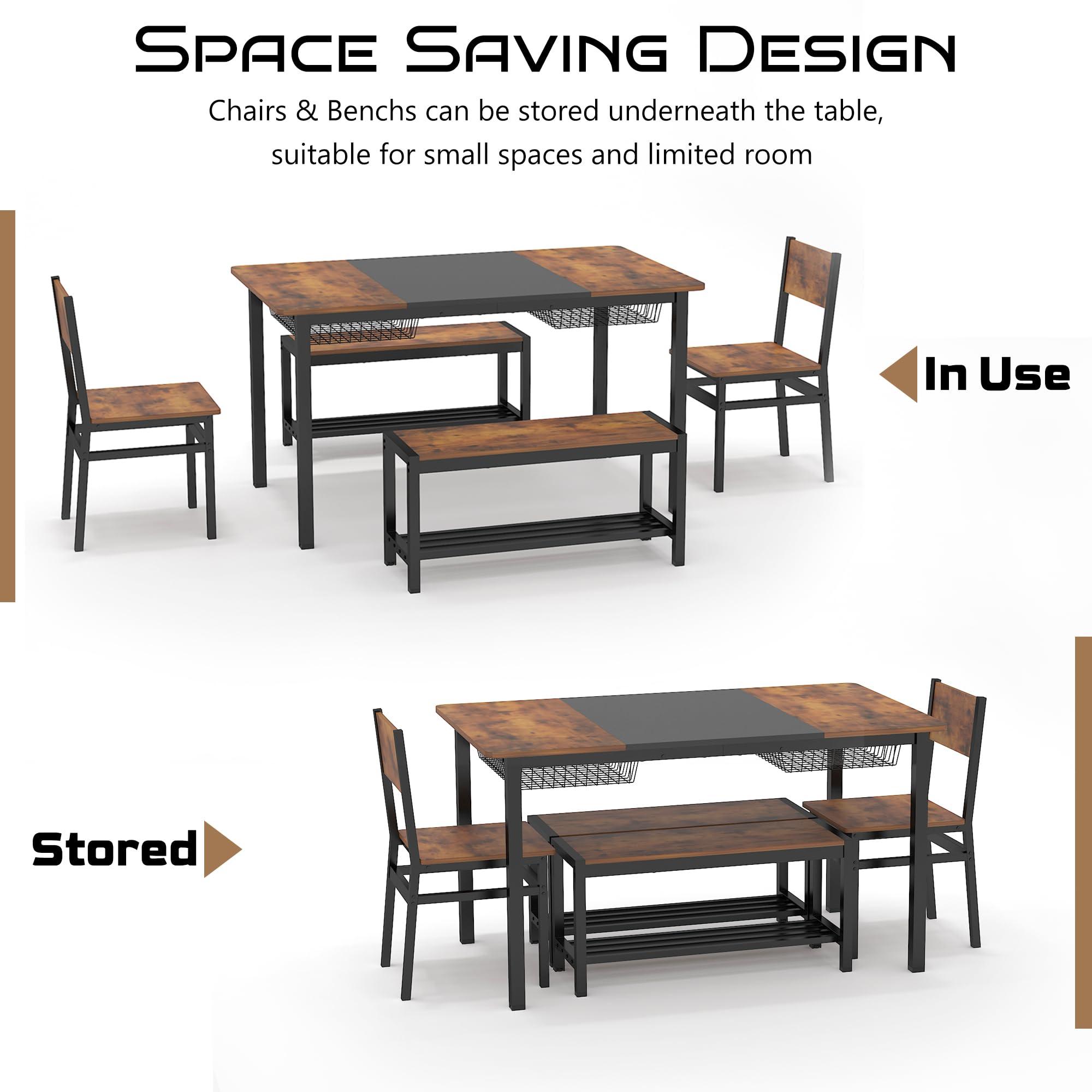 NAIYUFA Dining Table Set for 4-6 People,Industrial Dining Table with 2 Benches and 2 Chairs,Kitchen Table Set with Storage Rack for Dining Room,Saving Space,Rustic Brown - Image 3