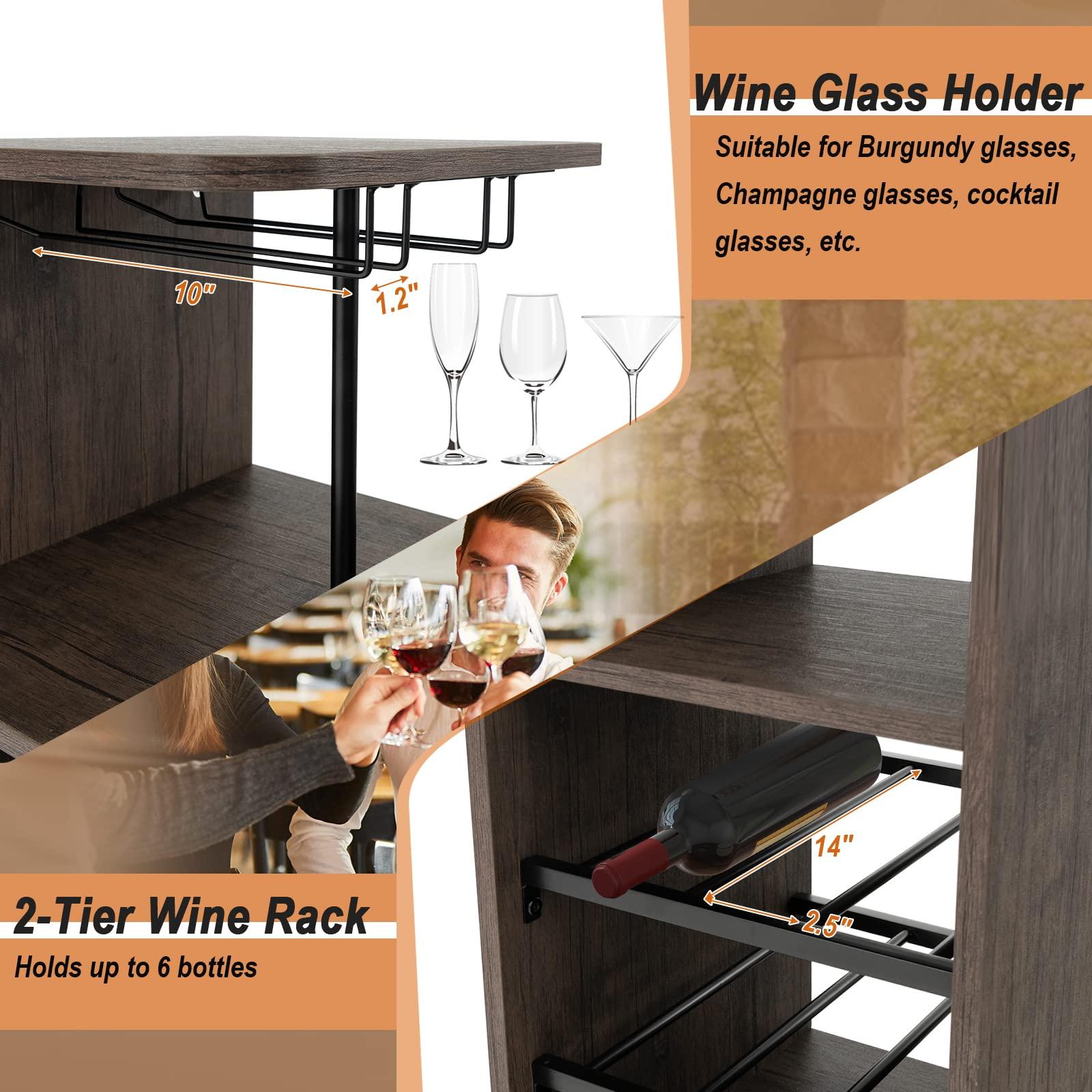 COSTWAY 3 Pieces Bar Table and Chair Set, Industrial Pub Table & Stools with Wine Glass Holders & 6-Bottle Wine Racks, Counter Height Dining Table Set for Living Room Dining Room Kitchen, Brown - Image 5