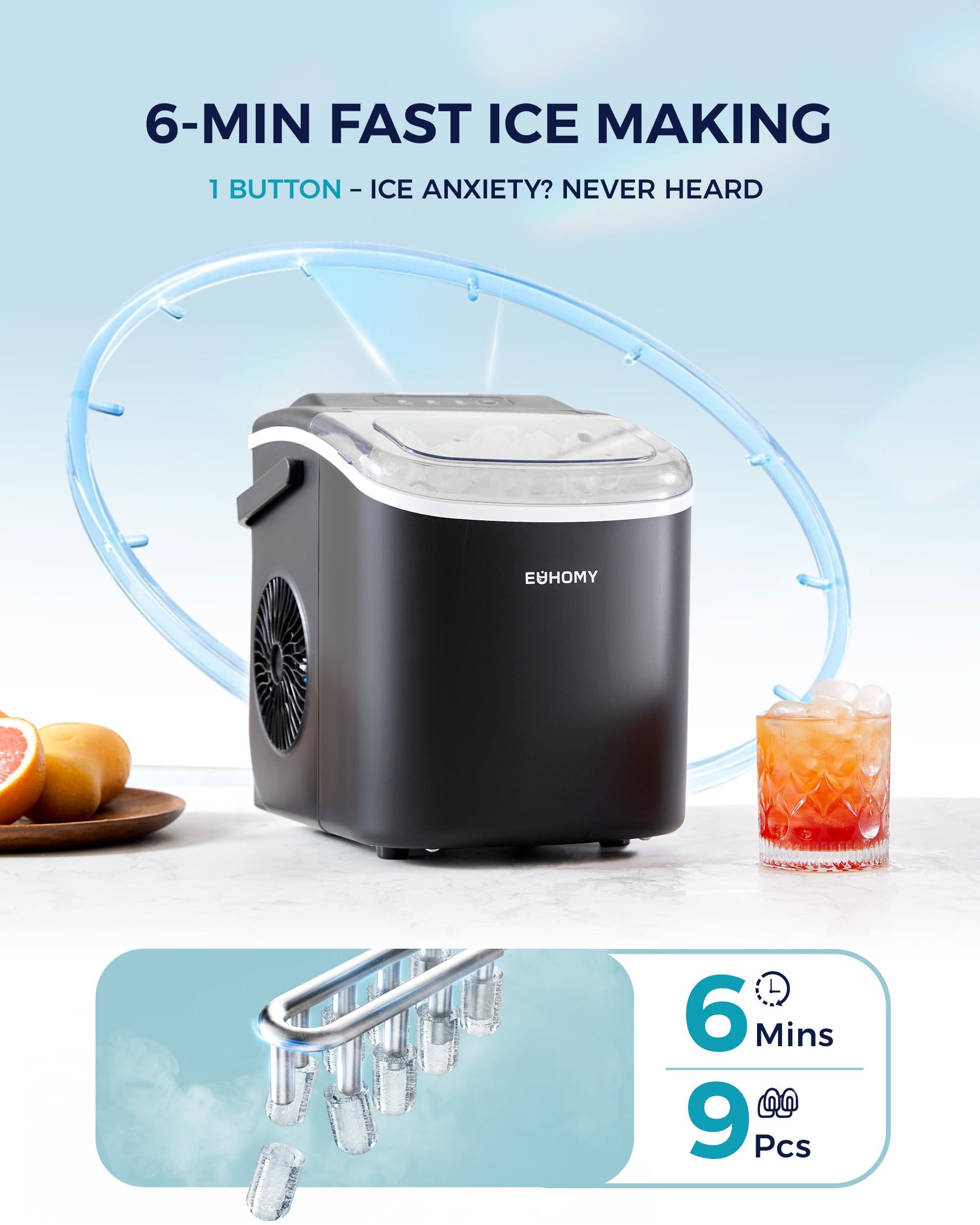EUHOMY Countertop Ice Maker Machine with Handle, 26lbs in 24Hrs, 9 Ice Cubes Ready in 6 Mins, Auto-Cleaning Portable Ice Maker with Basket and Scoop, for Home/Kitchen/Camping/RV. (Black) - Image 4