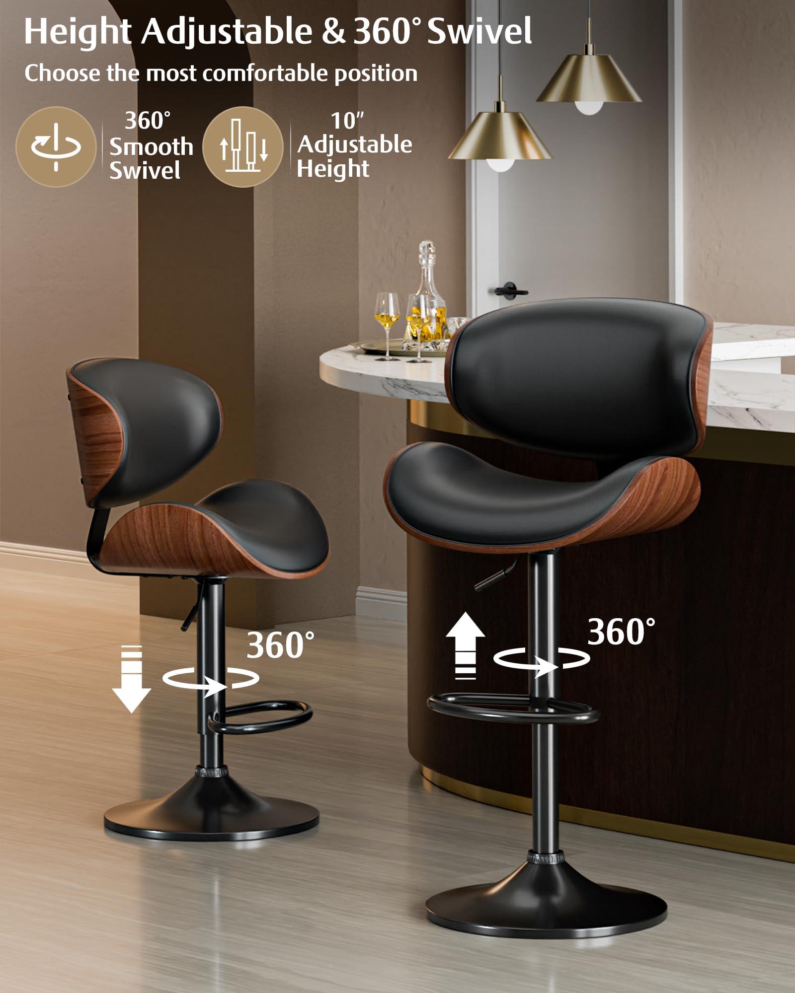 Aowos Bar Stools Set of 2, Adjustable Swivel Leather Bar Stools for Kitchen Island, Mid Century Modern Counter Height Bar Chairs Barstools with Back & Footrest (Black) - Image 6