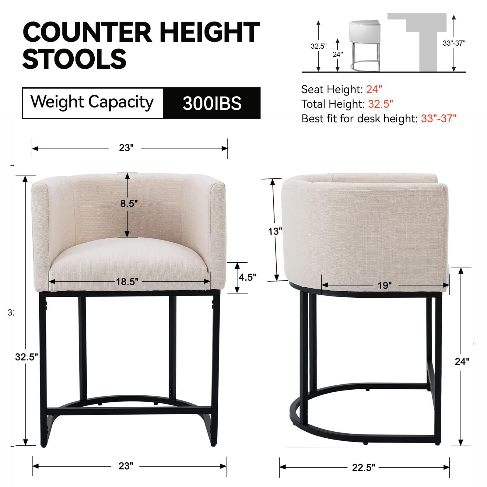 RIVOVA Contemporary Cream Linen Bar Stools Set of 3, 24" Upholstered Fabric Counter Height Barstools Kitchen Counter Island Stools with Screwed Together Black Metal Base - Image 2