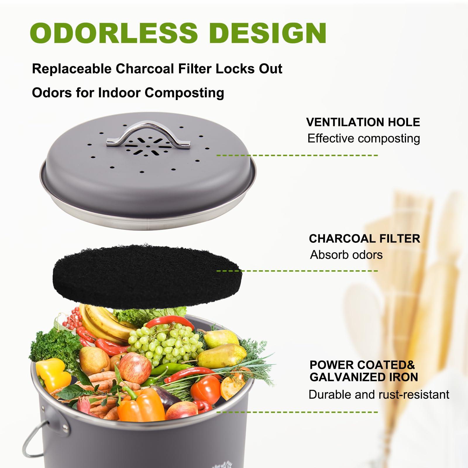 Holismo Kitchen Countertop Compost Bin, Odor Resistant Indoor Compost Bin with Lid and Charcoal Filter, Rust Resistant Coated Compost Bucket, Compost Container, Gray - Image 5