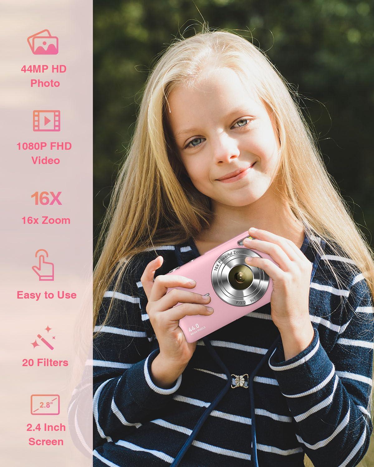 YAXTIFIU Digital Camera, 44MP FHD 1080P Camera for Kids with 32GB Card, Point and Shoot Digital Camera for Teens with 16X Zoom, Portable Kids Camera Gifts for Girls Boys Student Children(Pink) - Image 2