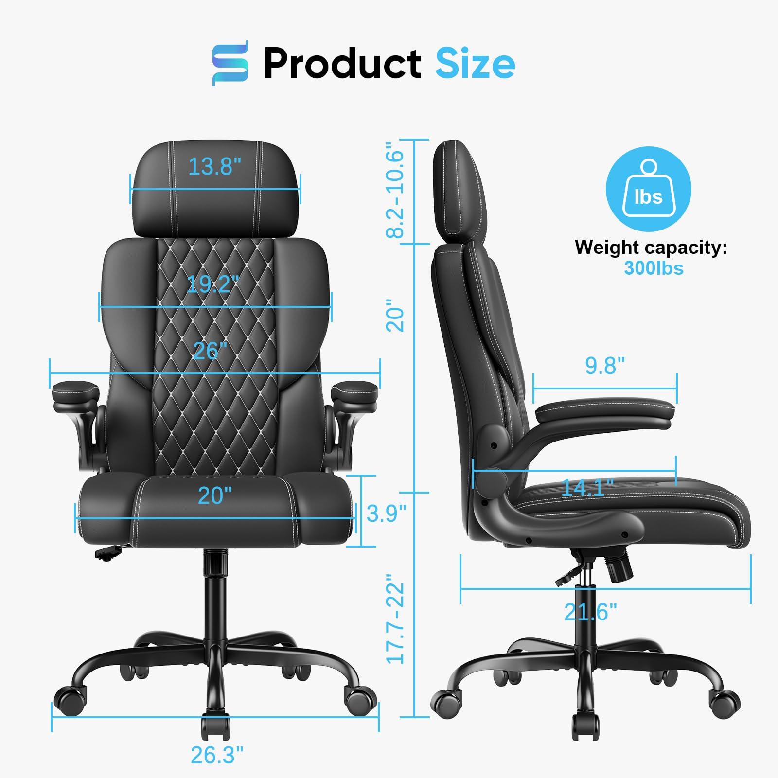 Sytas Executive Leather Office Chair, Comfy Desk Chair with Adjustable Headrest & Flip-up Padded Arms & Lumbar Support, Adjustable Hight and Tilt, Rolling Swivel Chair, Black - Image 2