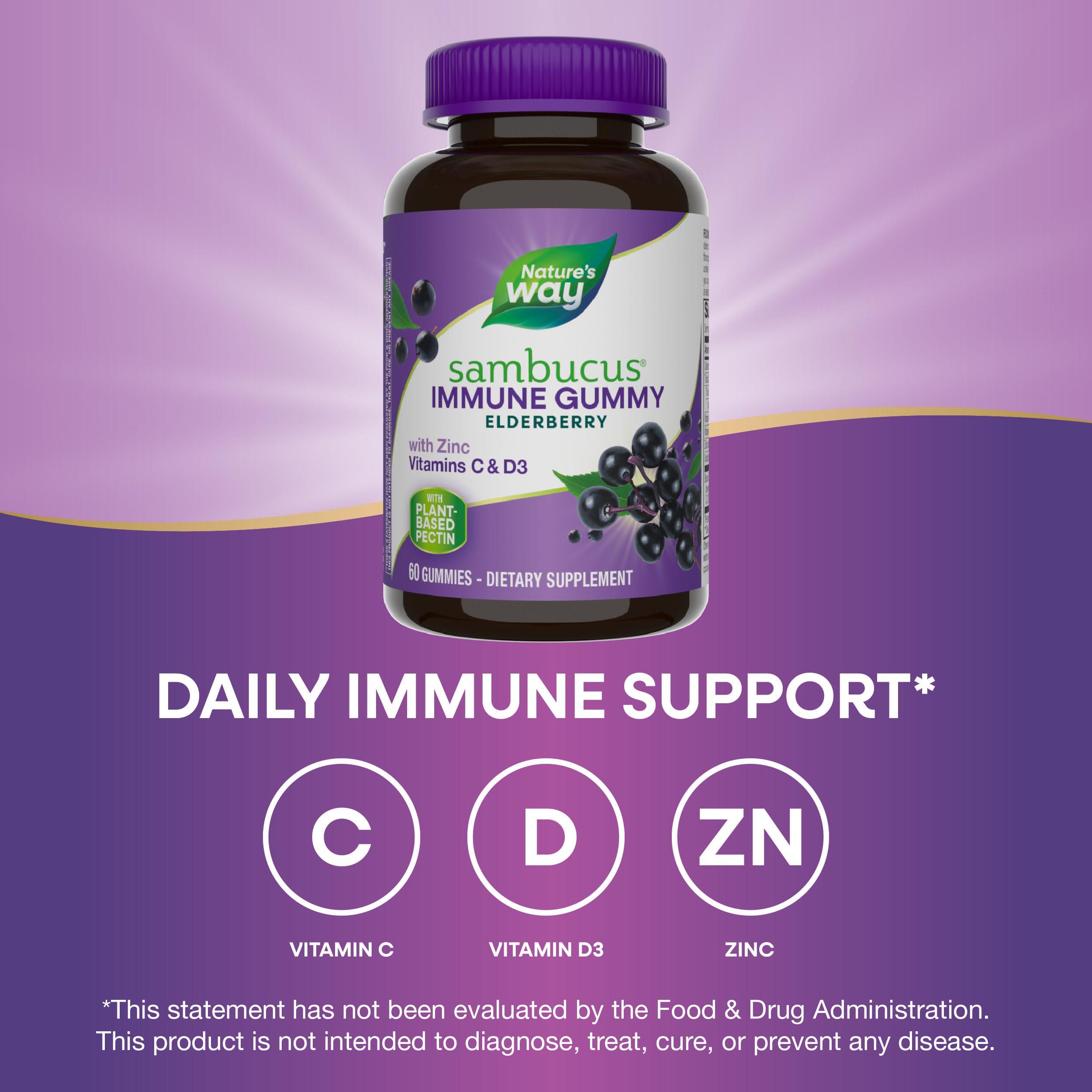 Nature’s Way Sambucus Elderberry Immune Gummies, Daily Immune Support for Kids and Adults*, with Vitamin C, Vitamin D3, Zinc, Gluten Free, Vegetarian, 60 Gummies - Image 2