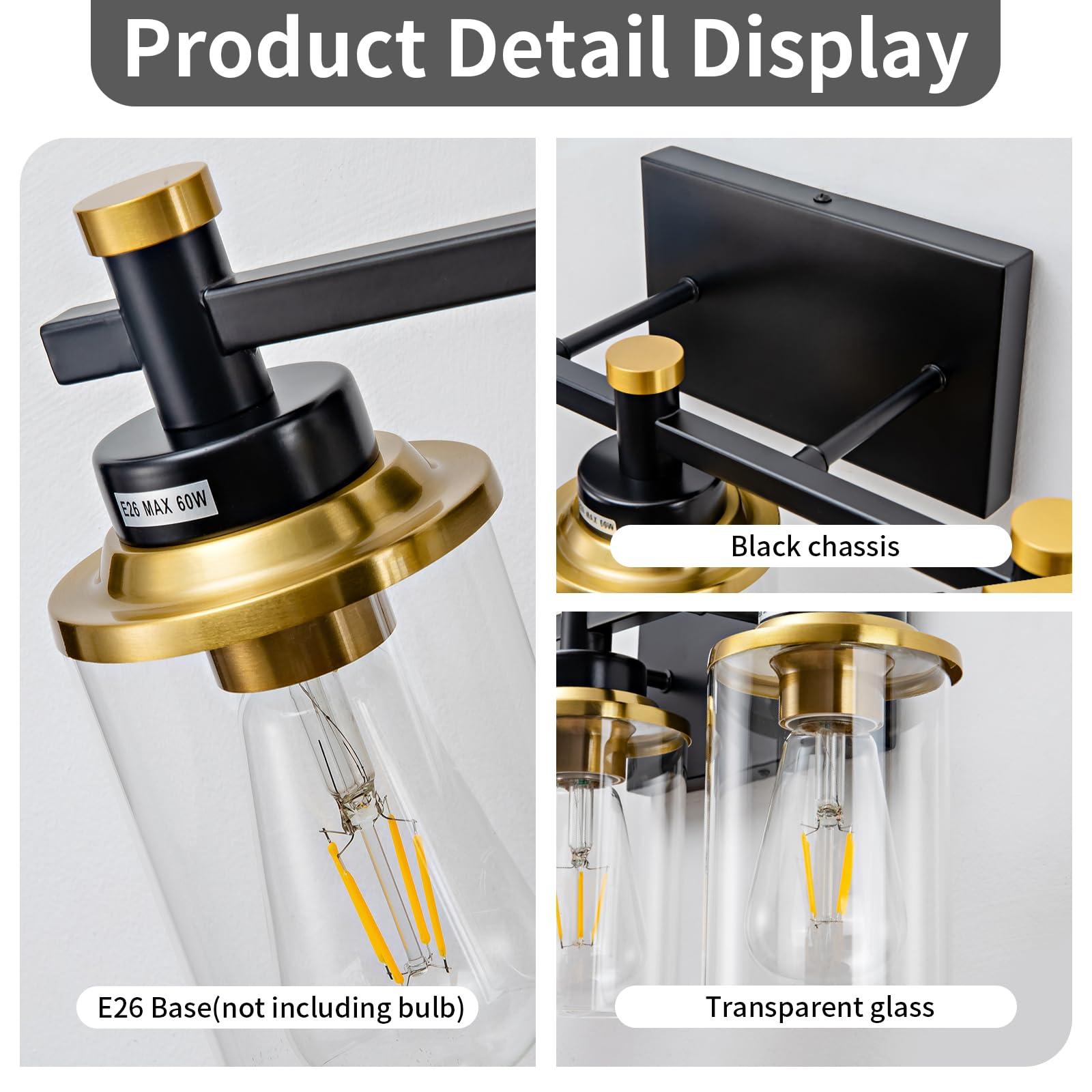 Aixialin 3 Light Bathroom Light Fixtures, Black and Brushed Gold Vanity Light Fixture Over Mirror, Modern Wall Sconces Lighting Wall Lamp for Bathroom, Bedroom, Hallway with Clear Glass Shade - Image 5