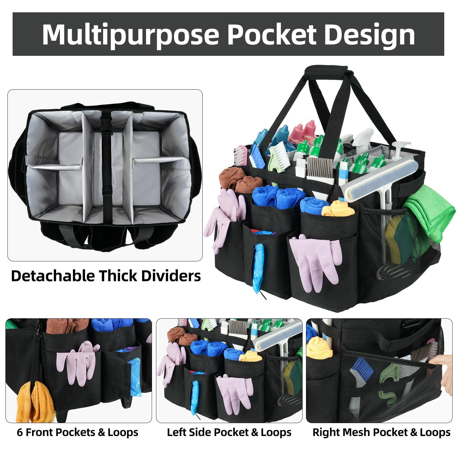 Large Rolling Cleaning Caddy Bag with Detachable Trolley,Cleaning Cart on Wheels with Shoulder Strap,Cleaning Supplies Organizer for Housekeepers,Black - Image 4