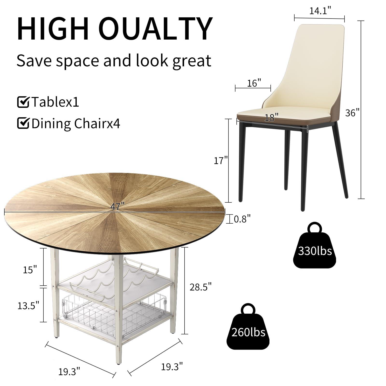 VFK 47 Inch Round Dining Table Set for 4-6 People, Large Farmhouse Kitchen Dining Table Set with Chairs and Storage Rack, Metal Base Round Table for Home Dining Room Living Room - Image 2